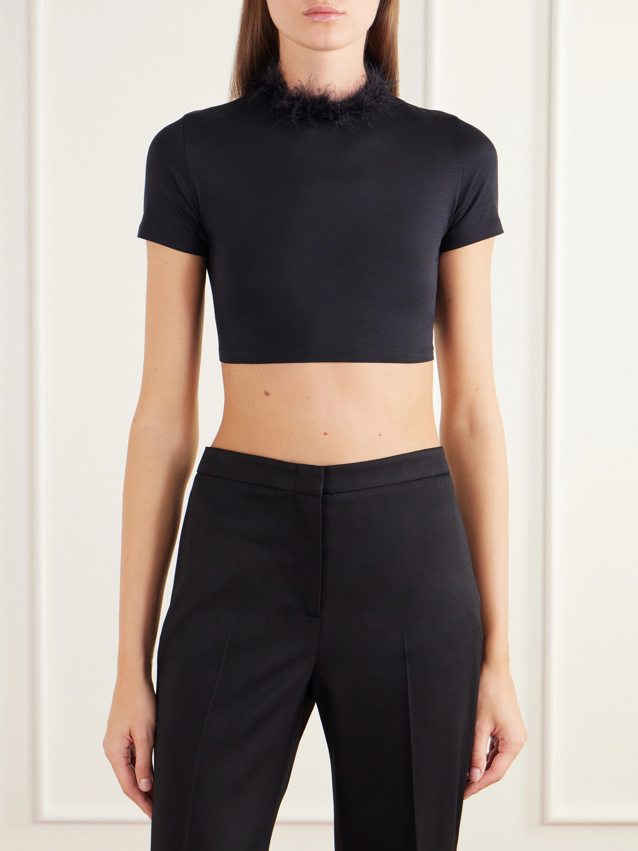 Feather-Trimmed Cropped Stretch-Jersey Top
