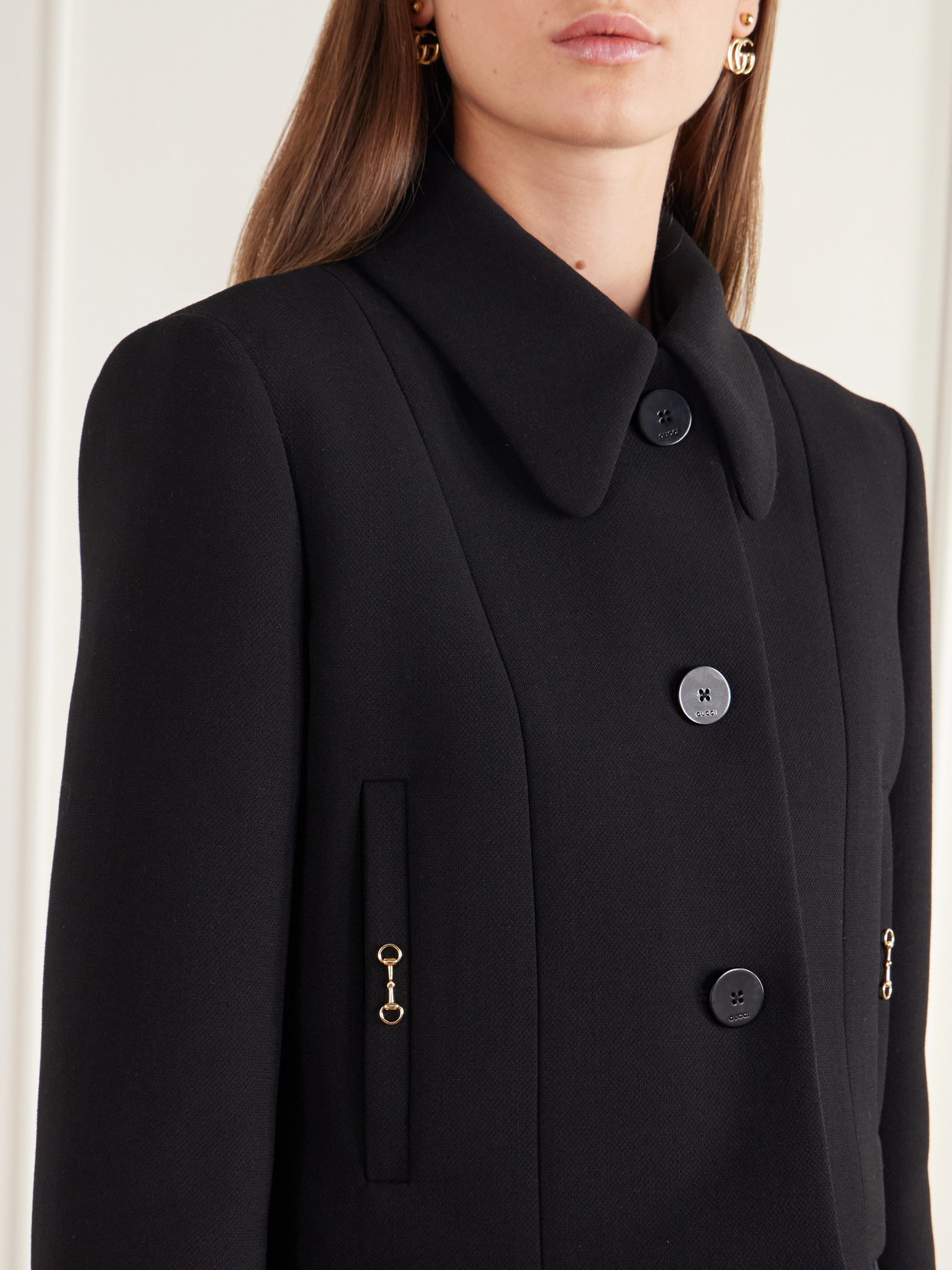 Horsebit-Embellished Cropped Wool-Crepe Jacket