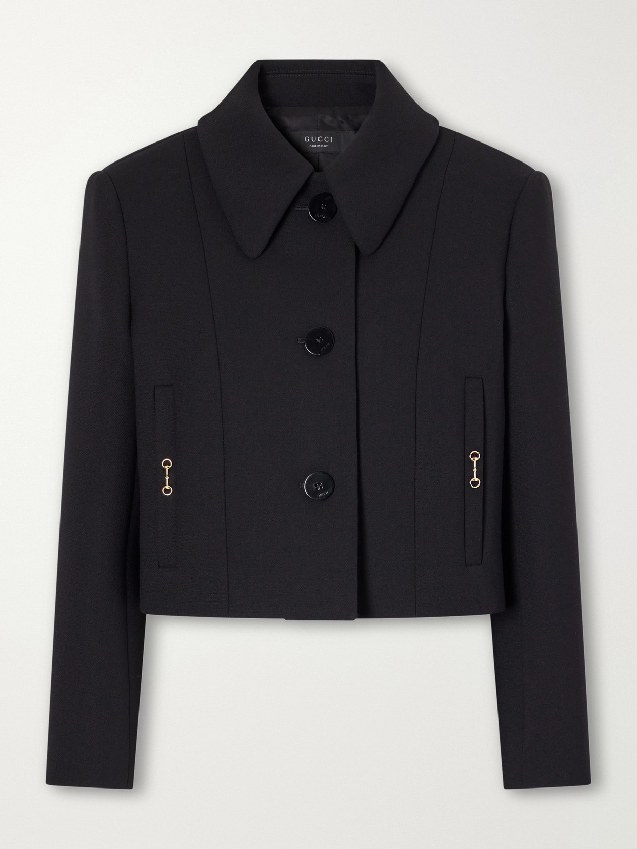 Horsebit-Embellished Cropped Wool-Crepe Jacket