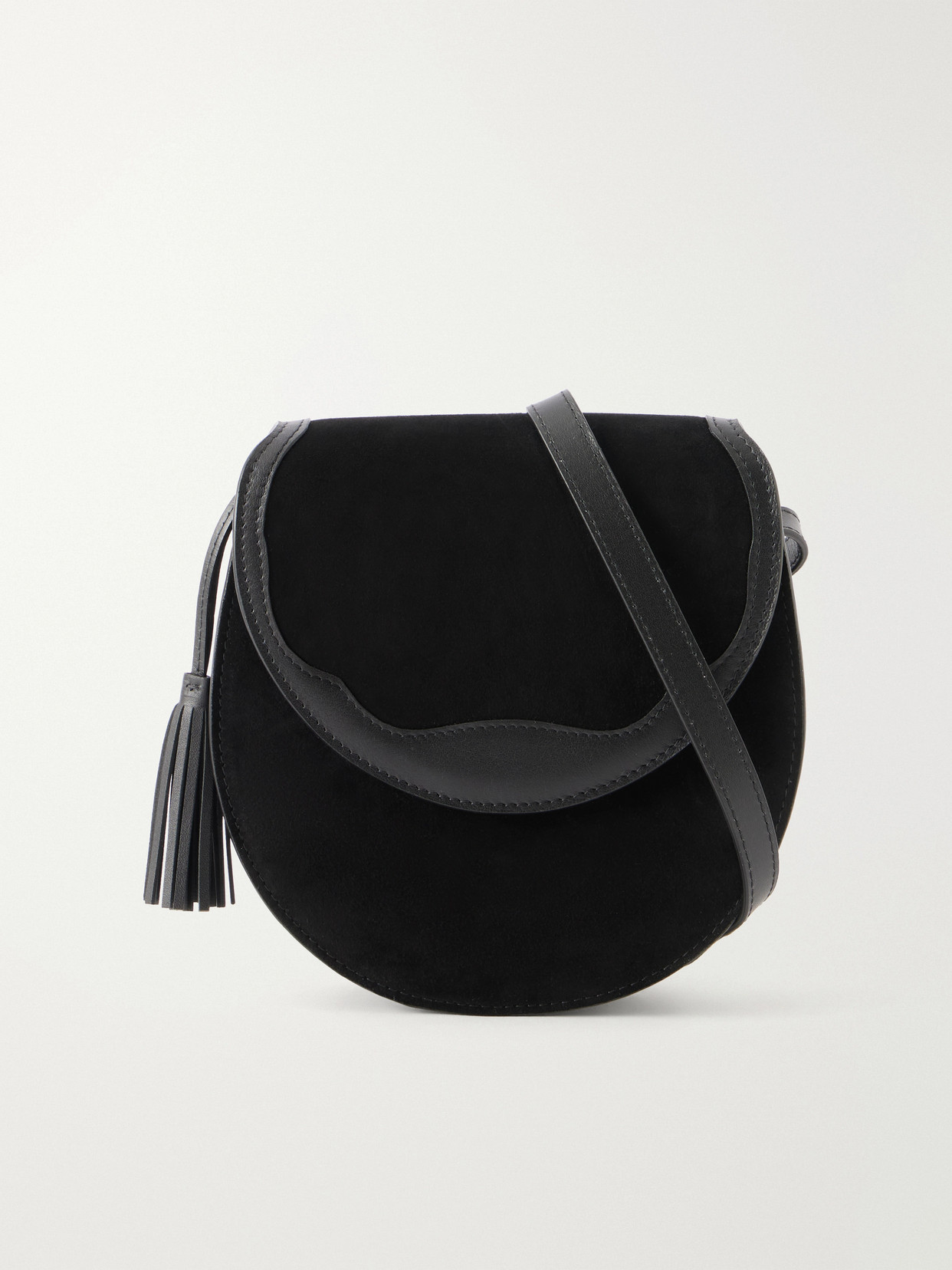 Hunting Season The Small Saddle Tasseled Leather-trimmed Suede Shoulder Bag In Black