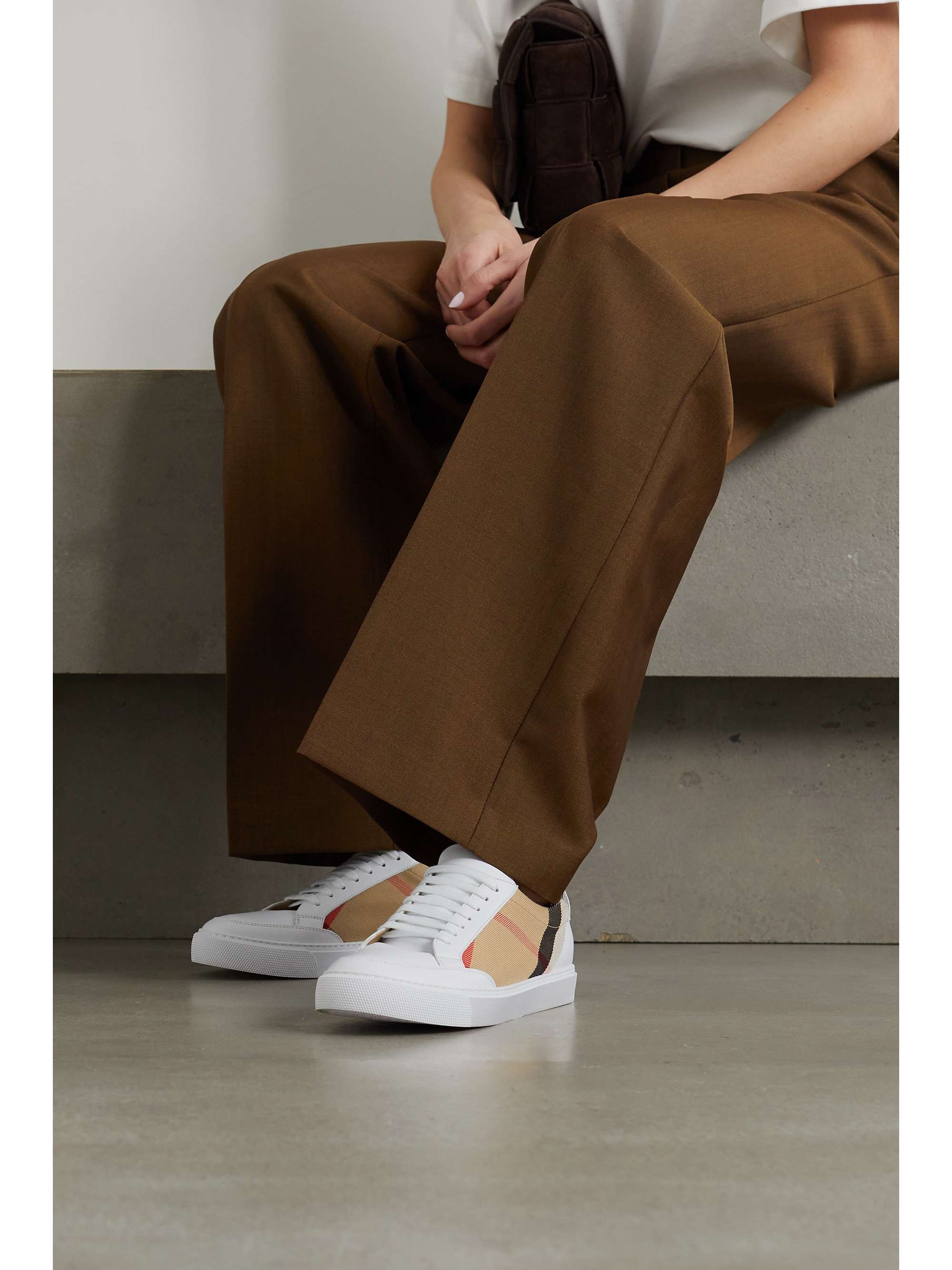 BURBERRY Checked canvas and leather sneakers