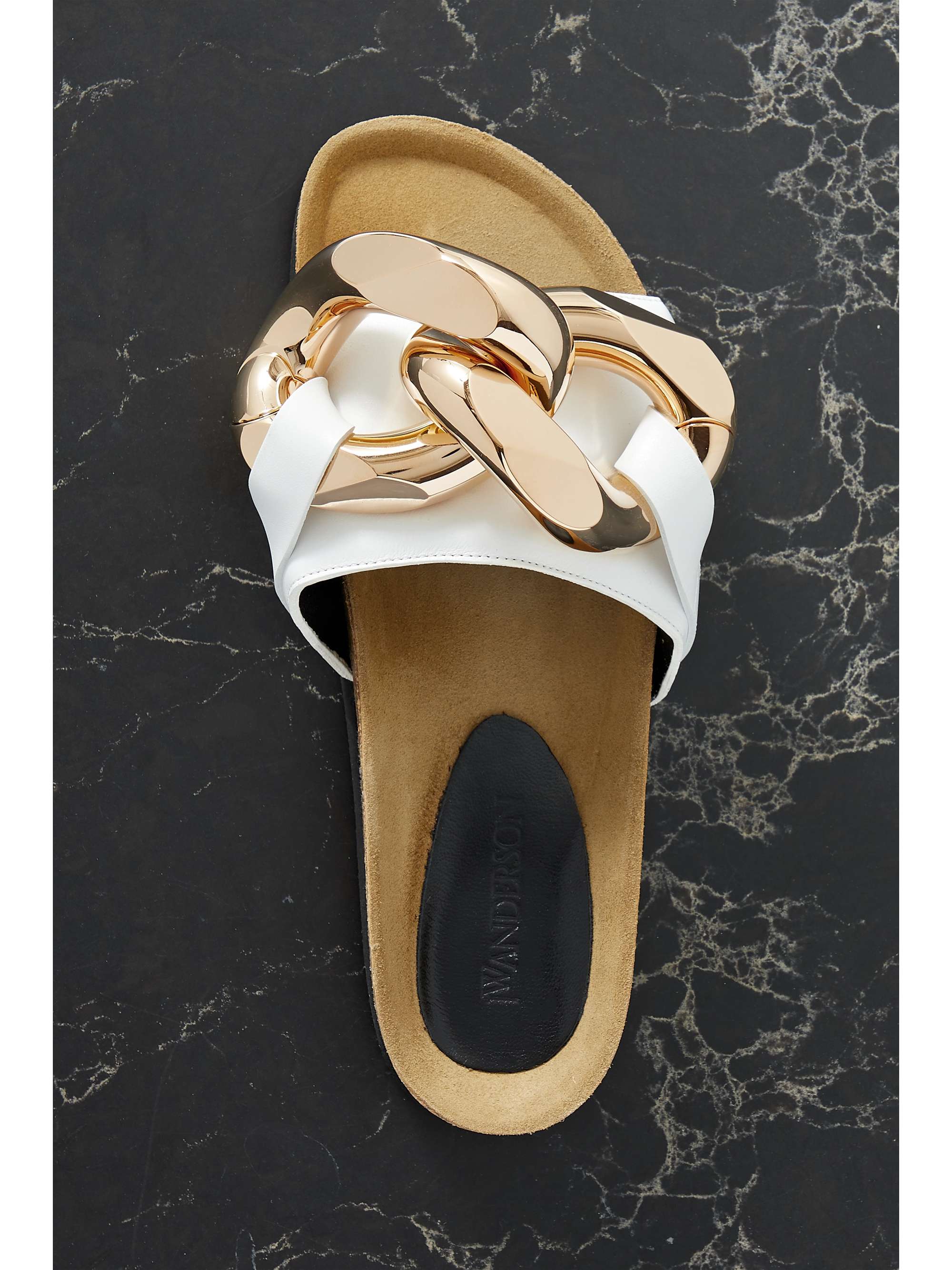 Chain-embellished leather slides