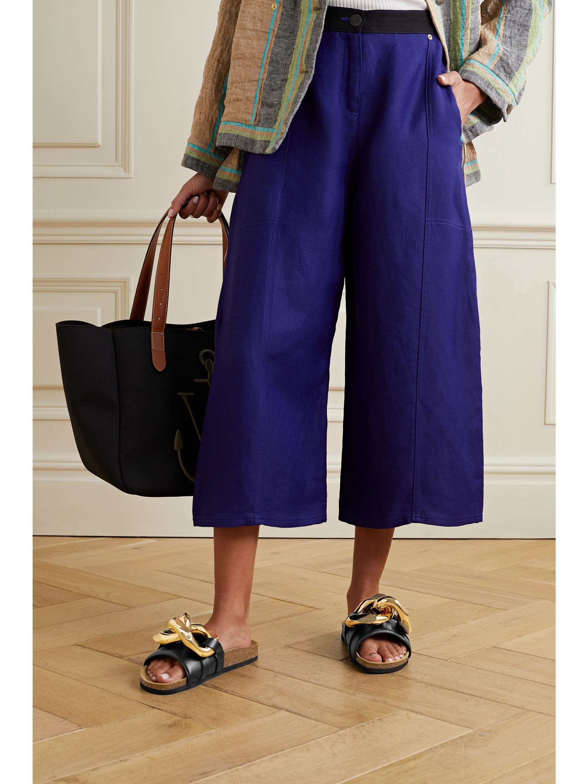 Chain-embellished leather slides