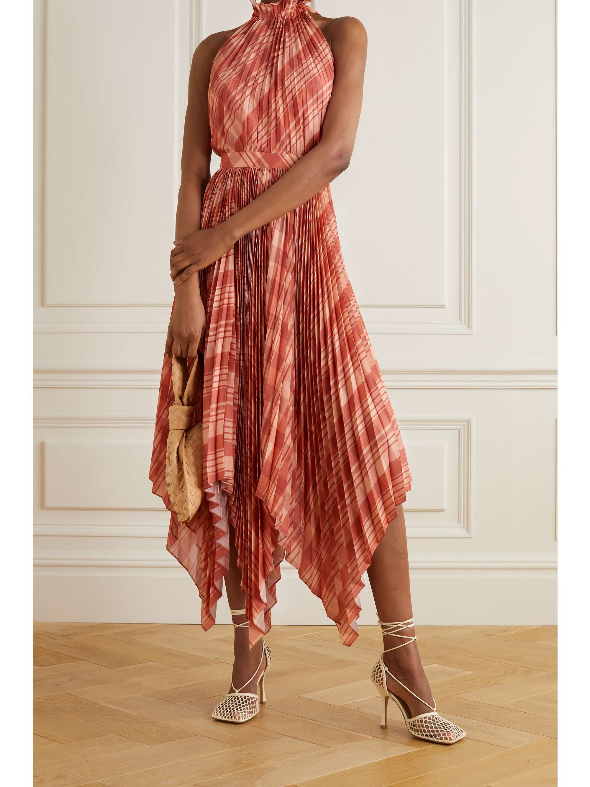 Dahlia asymmetric checked plissé-crepe de chine halterneck midi dress