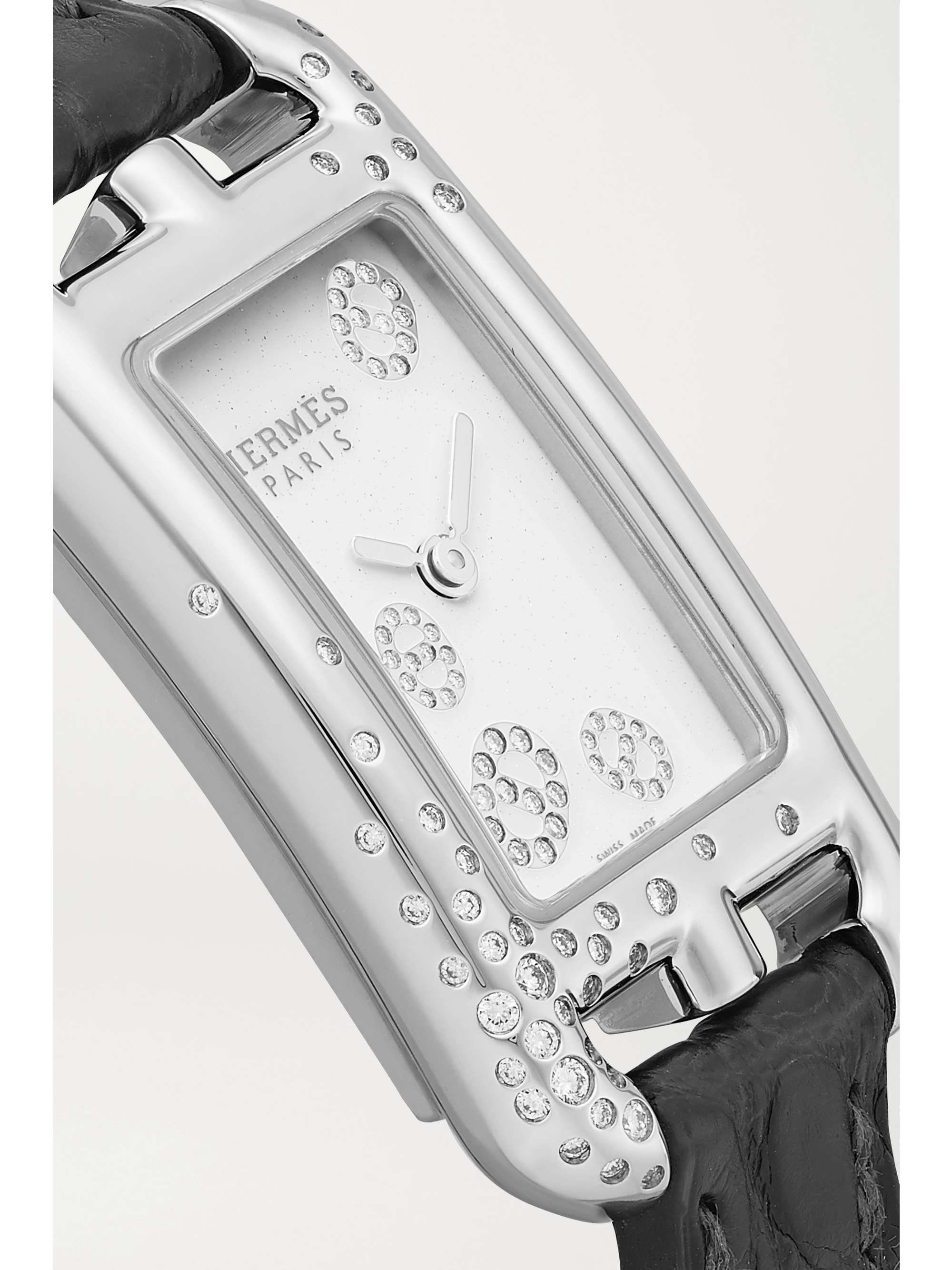 HERMÈS TIMEPIECES Nantucket 17mm very small stainless steel, alligator and diamond watch