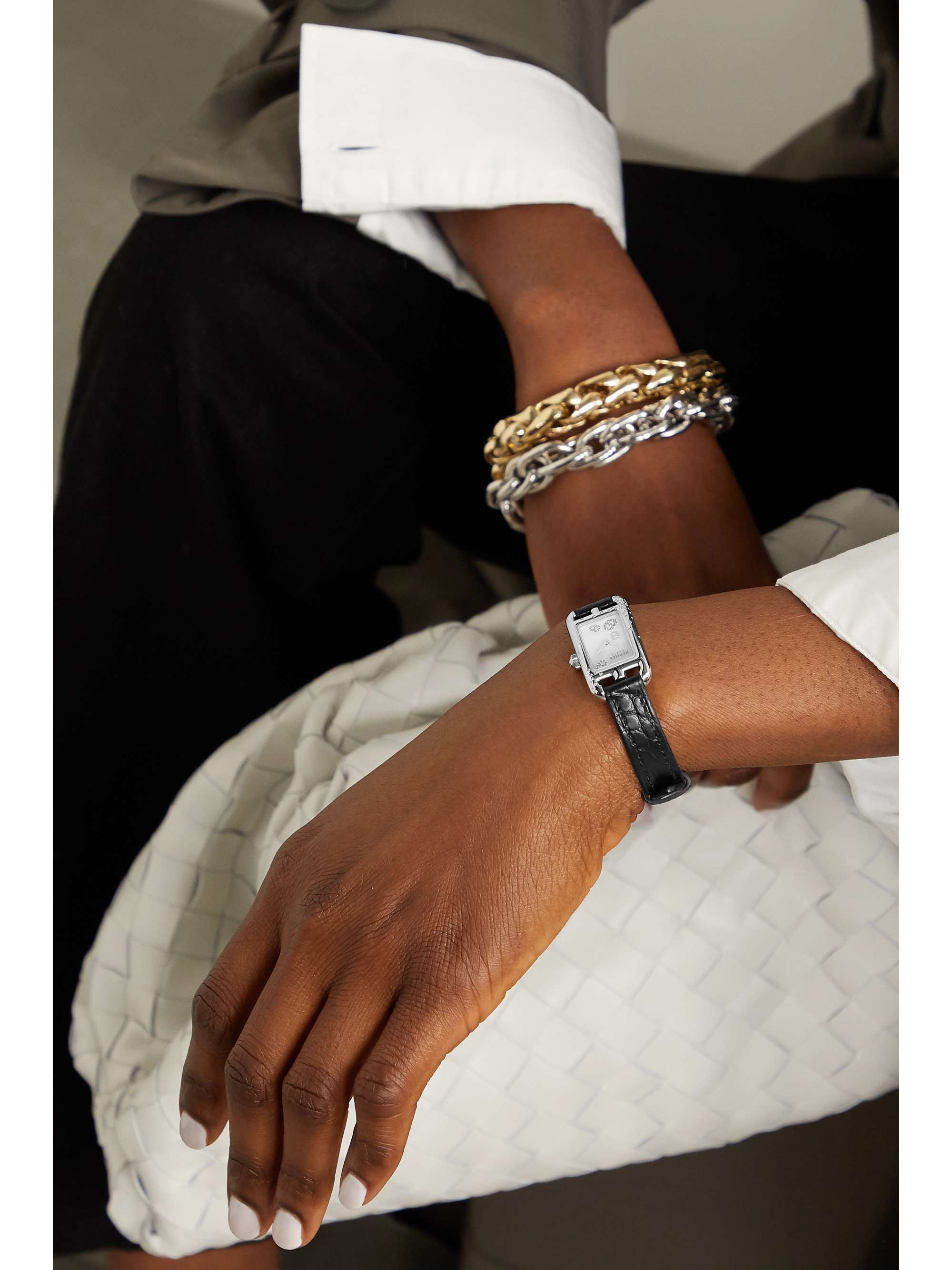 HERMÈS TIMEPIECES Nantucket 17mm very small stainless steel, alligator and diamond watch