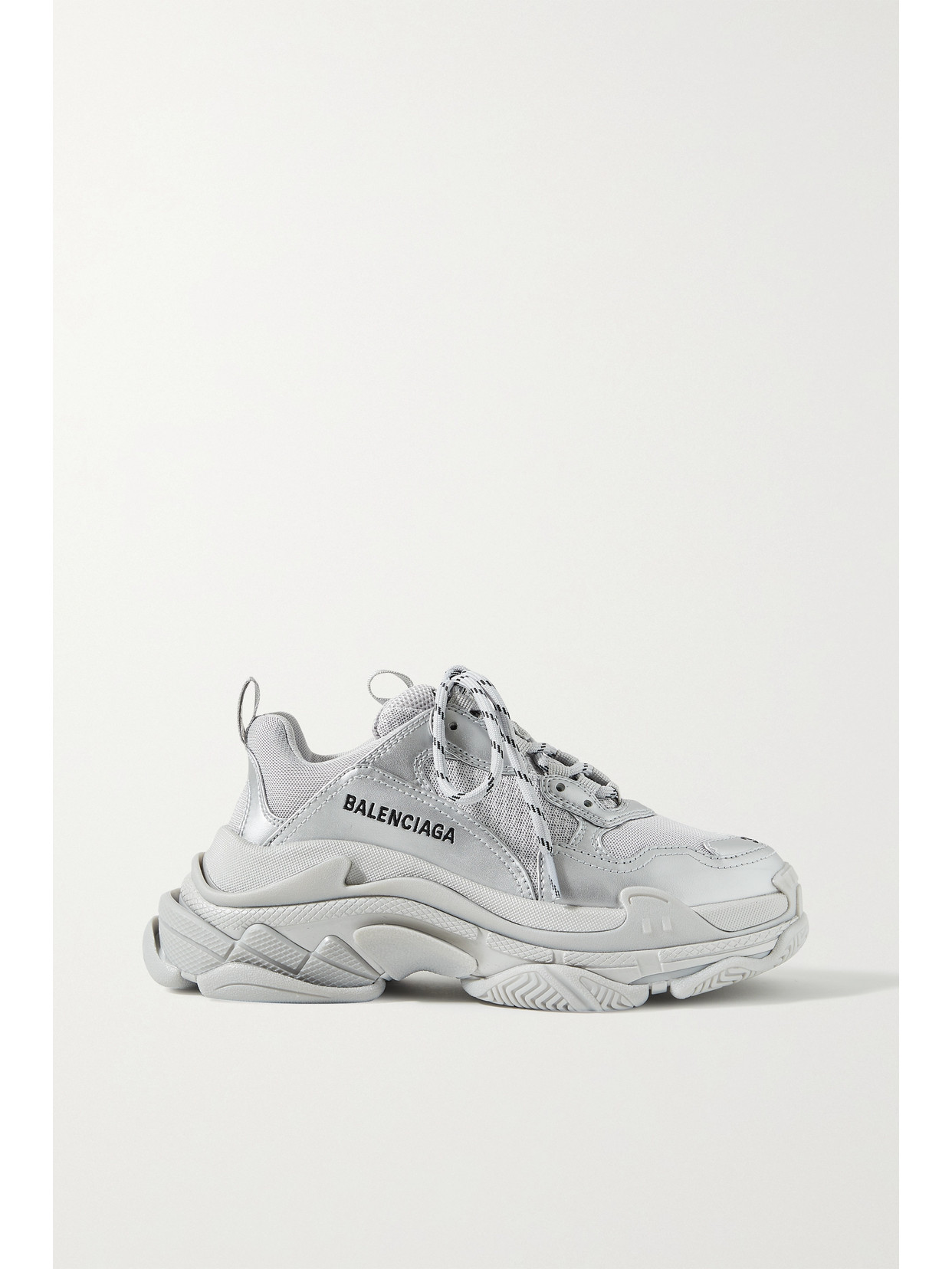 BALENCIAGA TRIPLE S LOGO-EMBROIDERED METALLIC LEATHER AND MESH trainers