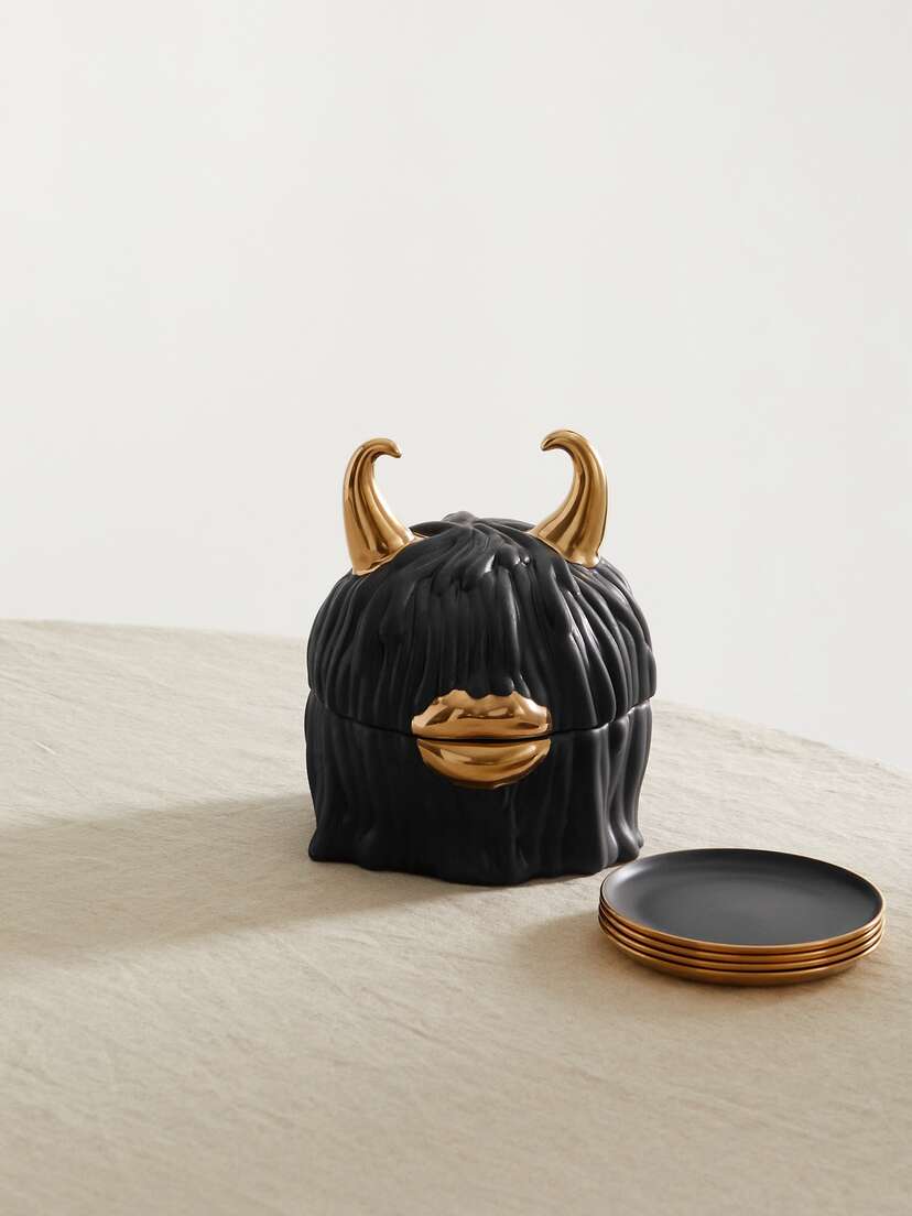 L'Objet + Haas Brothers Mojave Lynda 17cm Box And Set Of Four 11cm Gold-plated Porcelain Plates