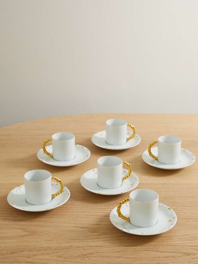 L'Objet + Haas Brothers Mojave Set Of Six Gold-plated Porcelain Espresso Cups And Saucers
