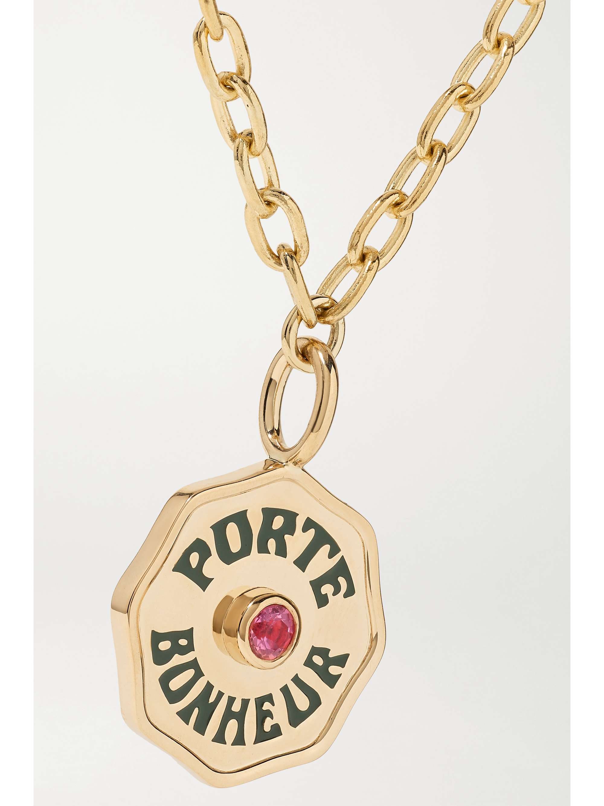 MARLO LAZ Mini Porte Bonheur Coin 14-karat gold, enamel and tourmaline bracelet