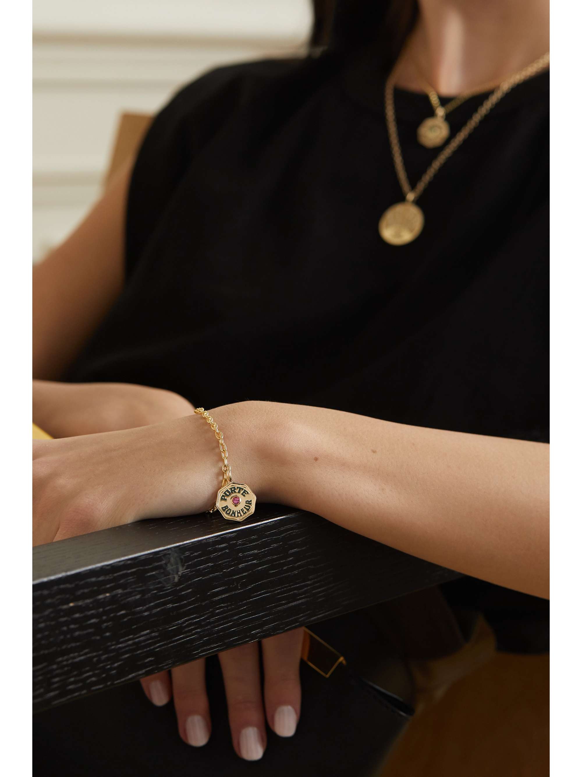 MARLO LAZ Mini Porte Bonheur Coin 14-karat gold, enamel and tourmaline bracelet