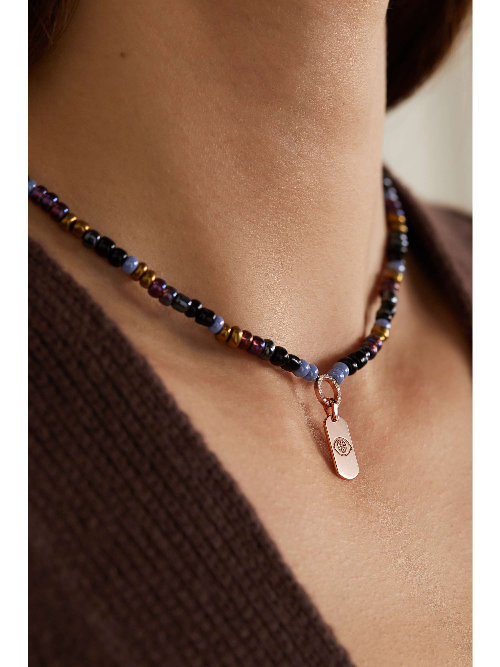 DIANE KORDAS Evil Eye 14-karat rose gold, bead and diamond necklace