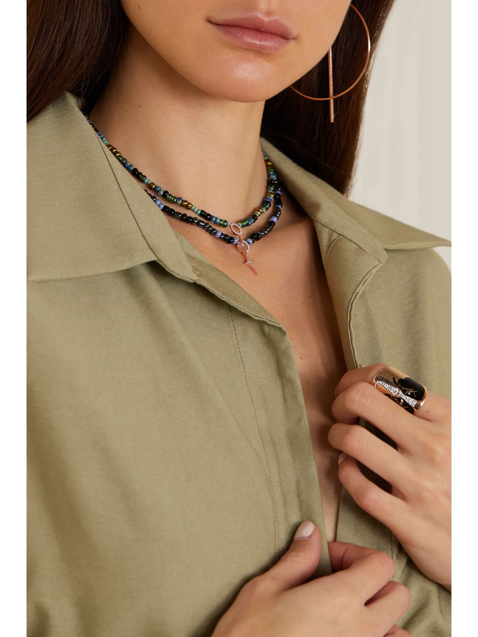 DIANE KORDAS Evil Eye 14-karat rose gold, bead and diamond necklace