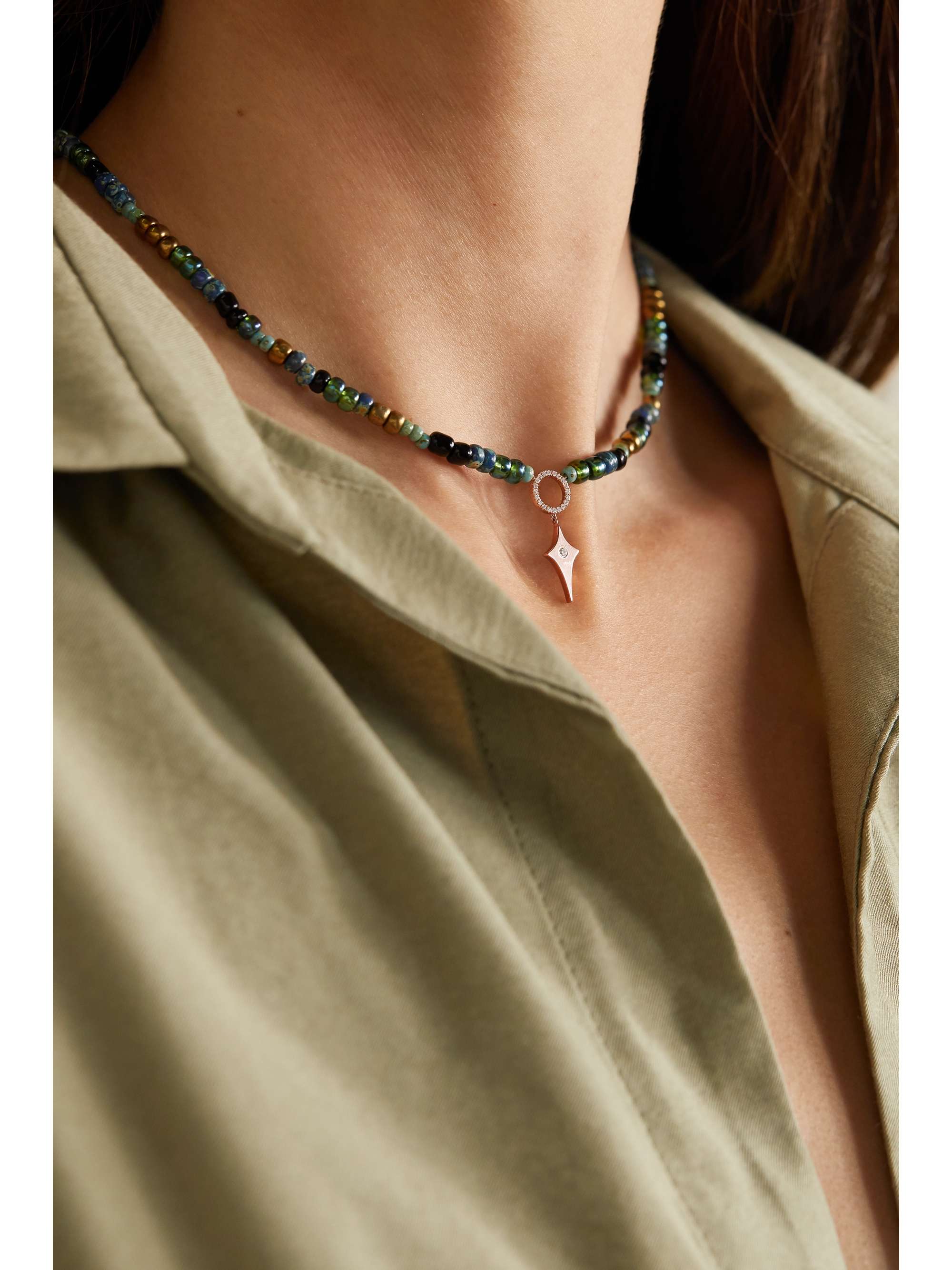 DIANE KORDAS Evil Eye 14-karat rose gold, bead and diamond necklace