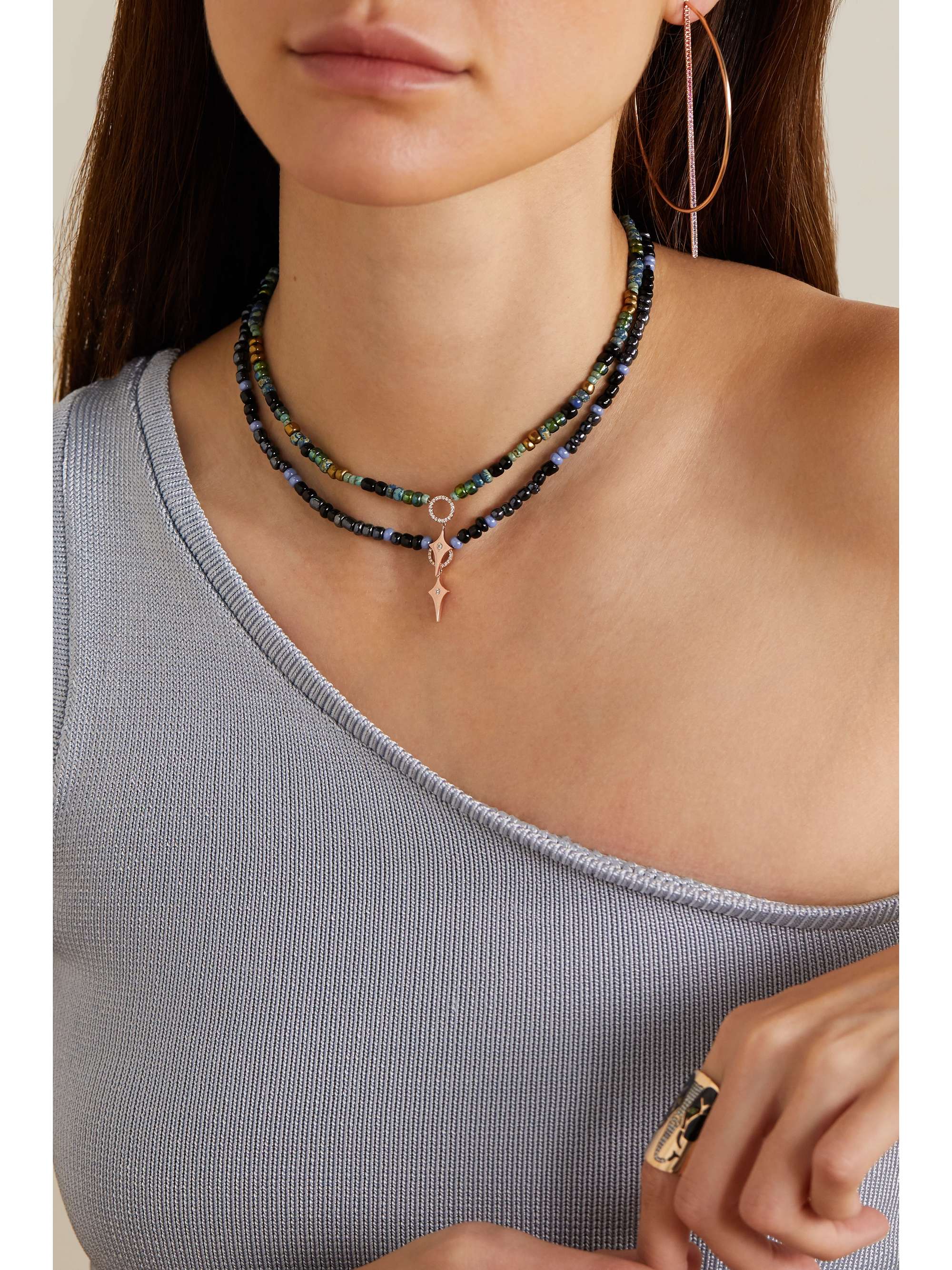 DIANE KORDAS Evil Eye 14-karat rose gold, bead and diamond necklace