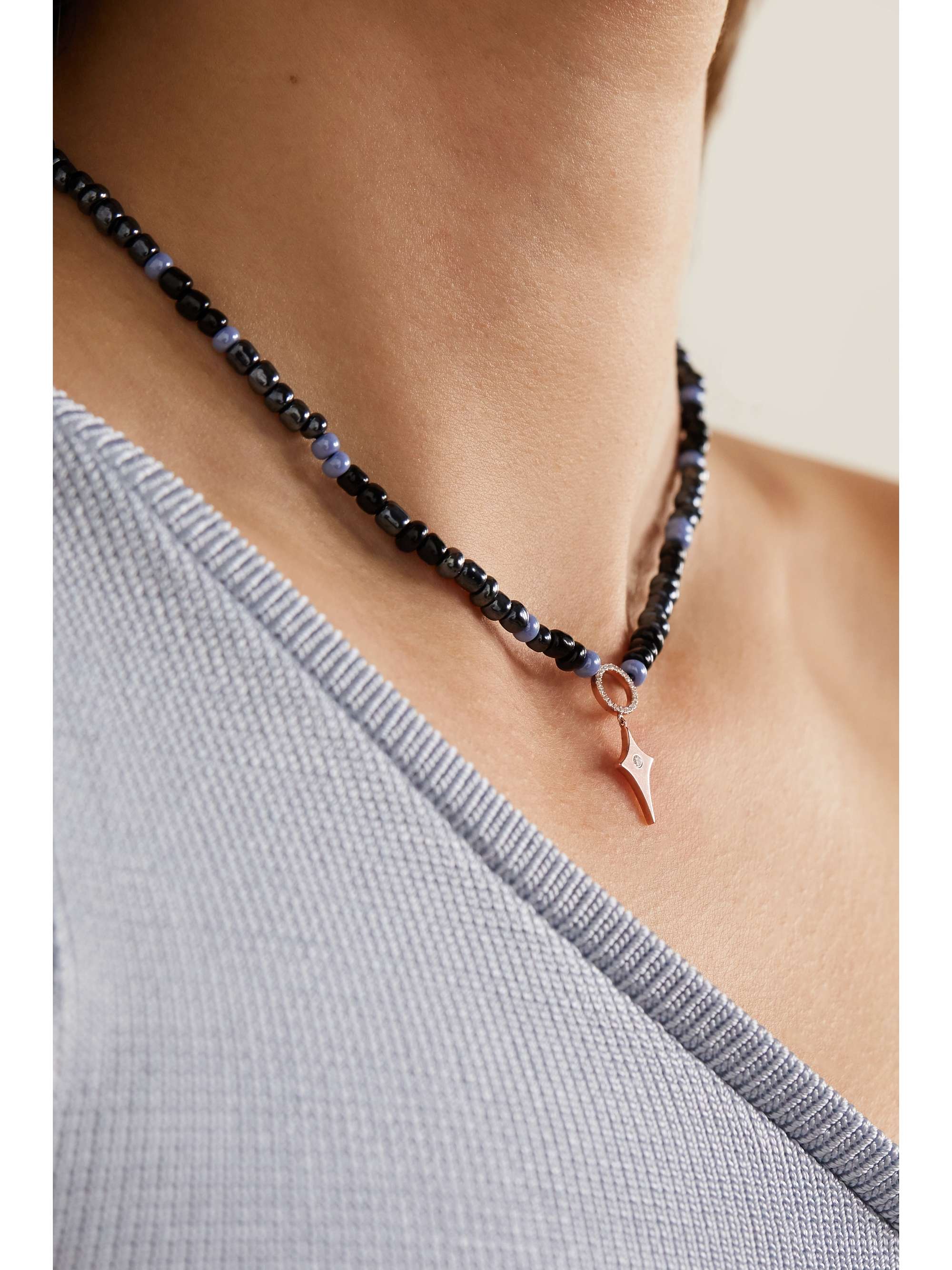 DIANE KORDAS Evil Eye 14-karat rose gold, bead and diamond necklace