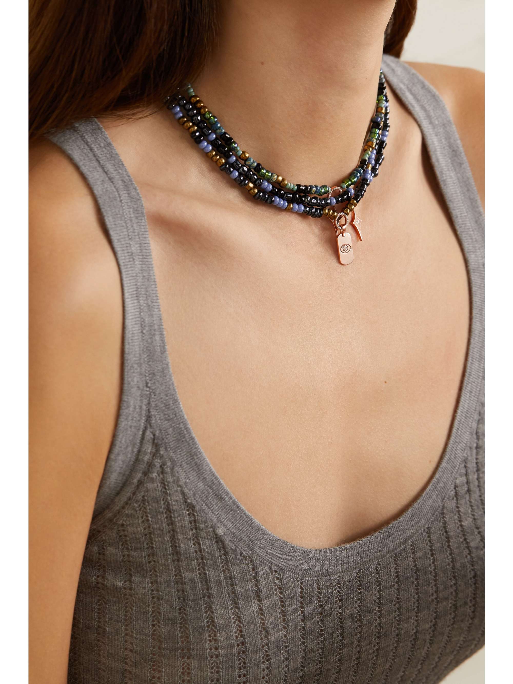 DIANE KORDAS Evil Eye 14-karat rose gold, bead and diamond necklace