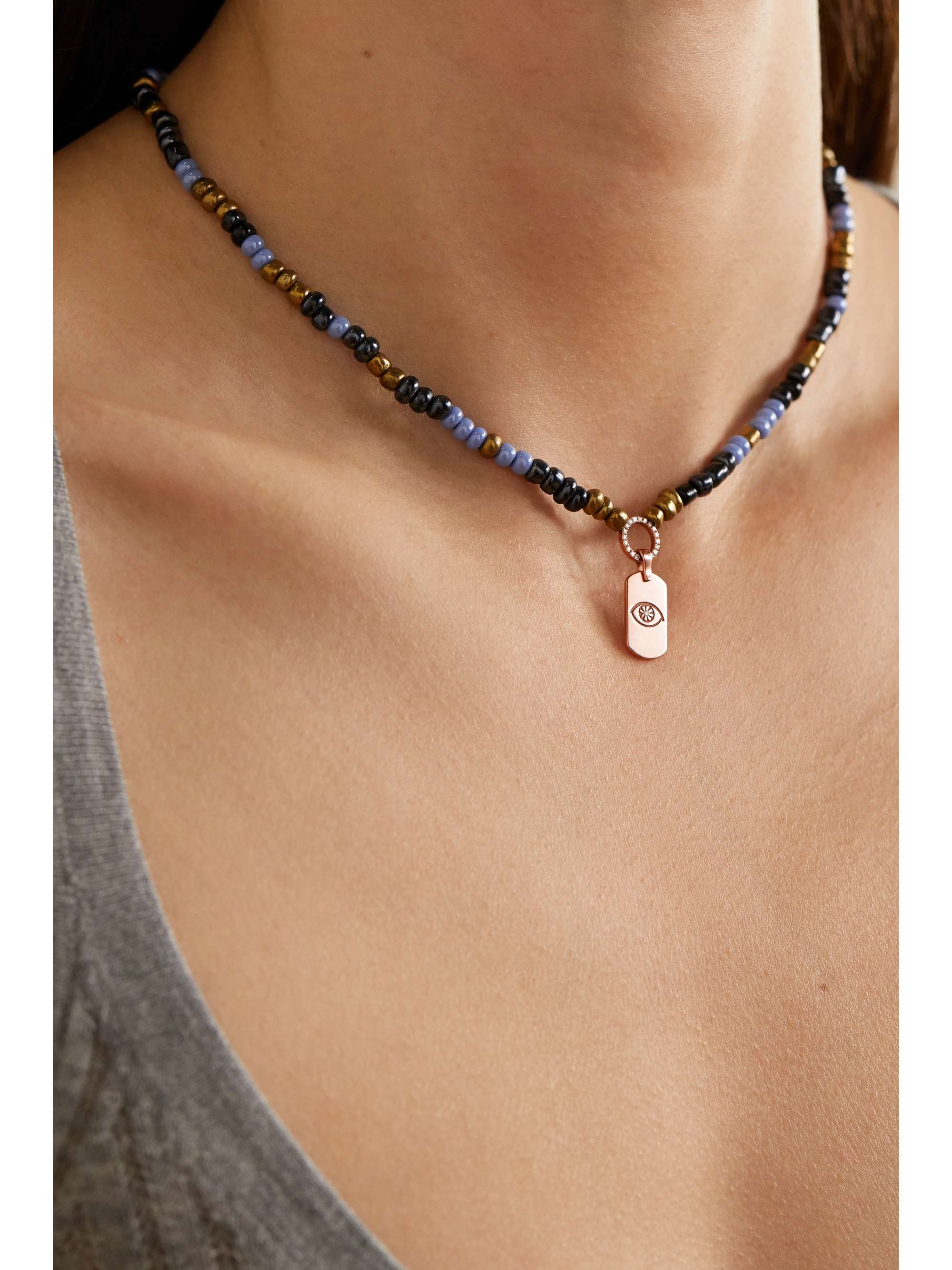 DIANE KORDAS Evil Eye 14-karat rose gold, bead and diamond necklace