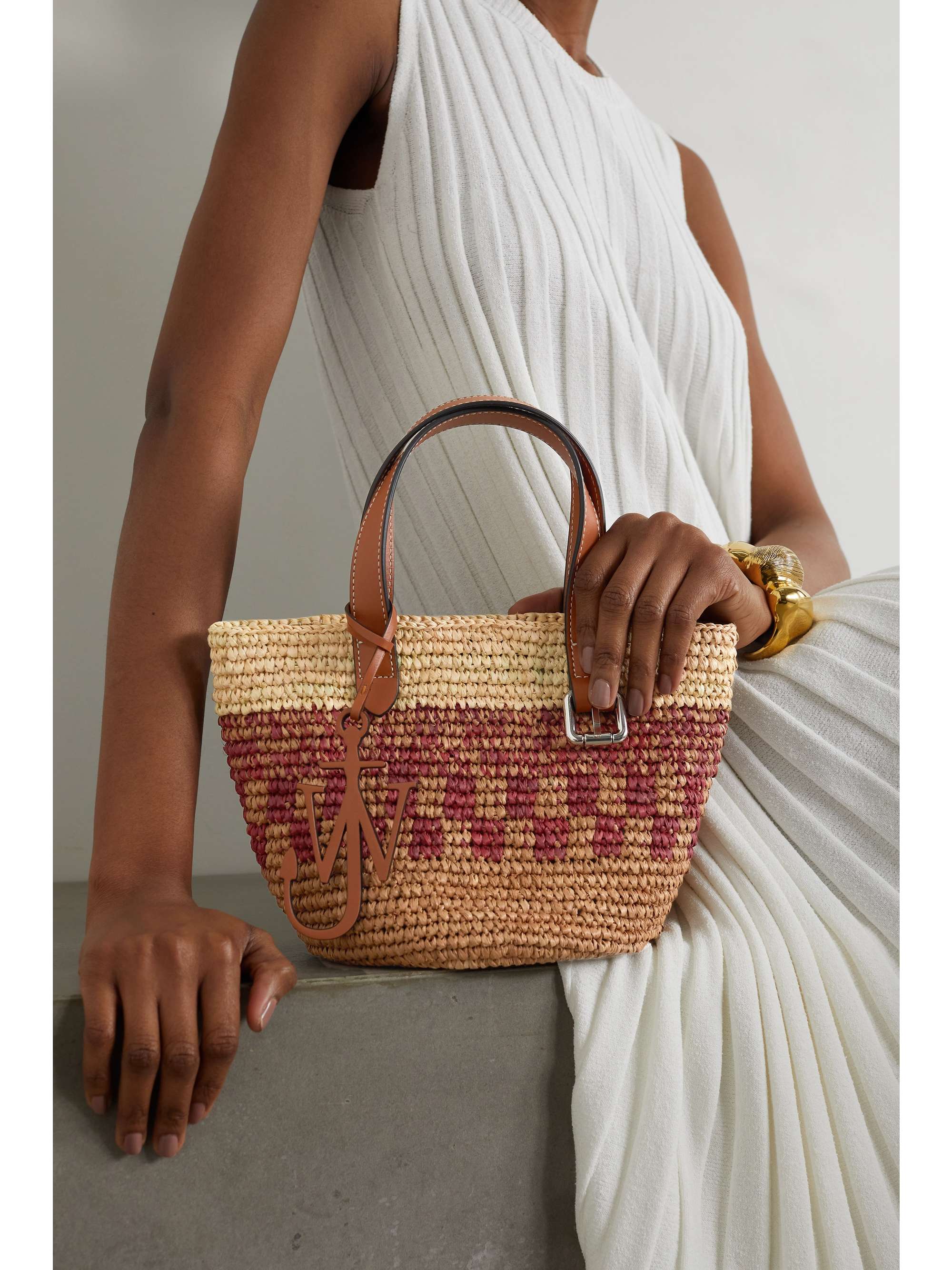 JW ANDERSON Mini leather-trimmed woven raffia basket tote