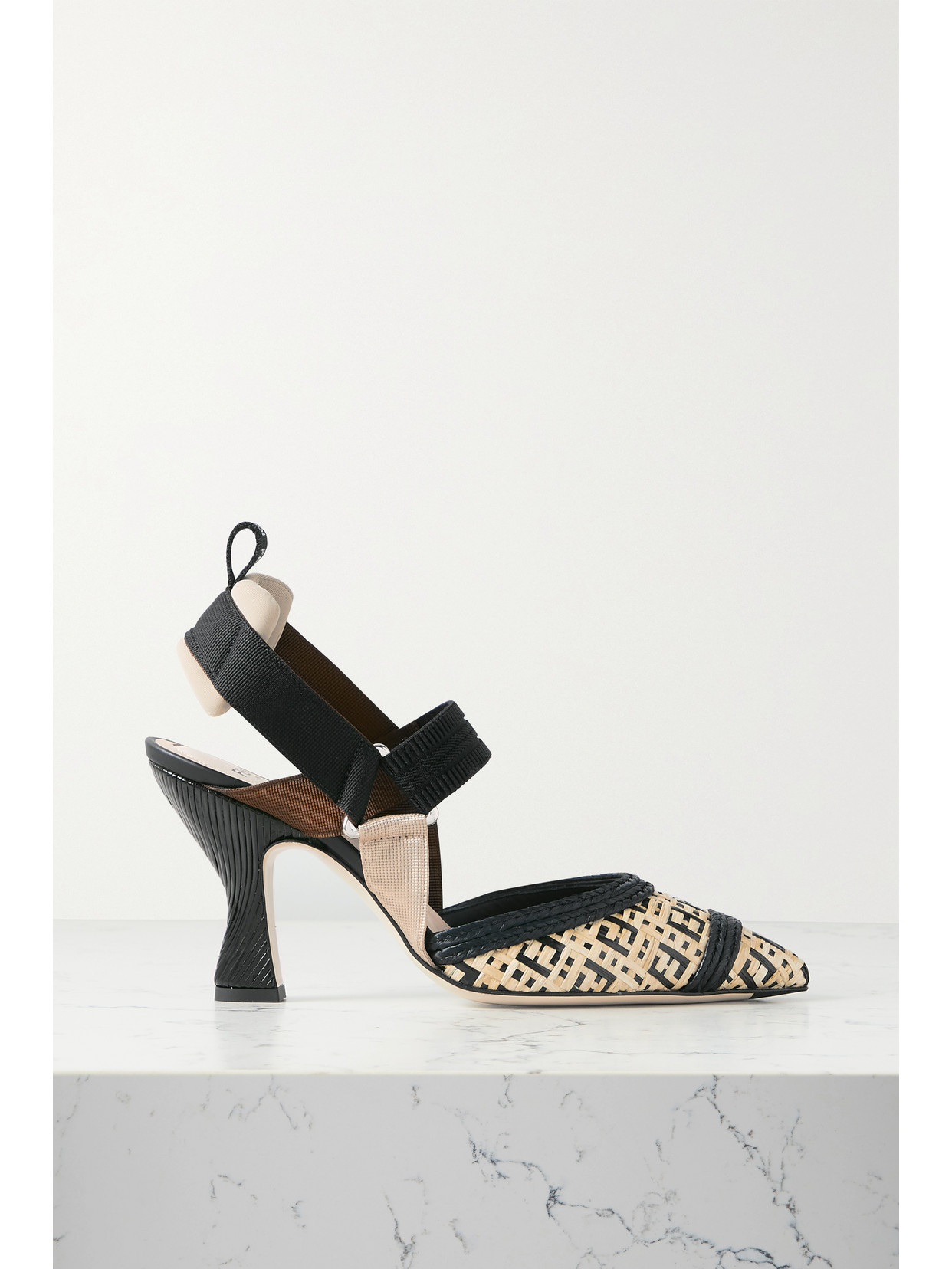 FENDI COLIBRI GROSGRAIN AND WOVEN RAFFIA SLINGBACK PUMPS