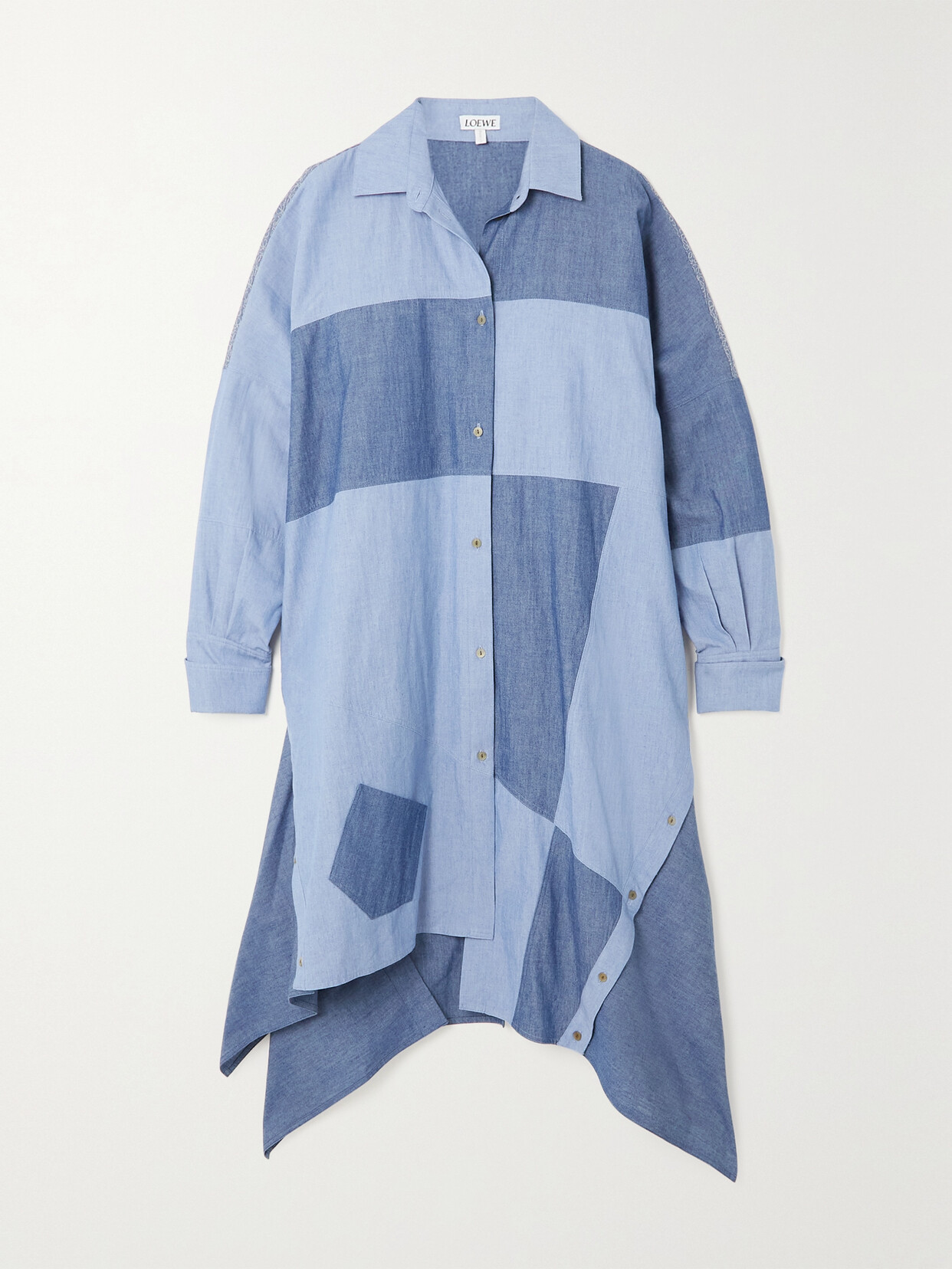 LOEWE ASYMMETRIC PATCHWORK COTTON-CHAMBRAY SHIRT DRESS