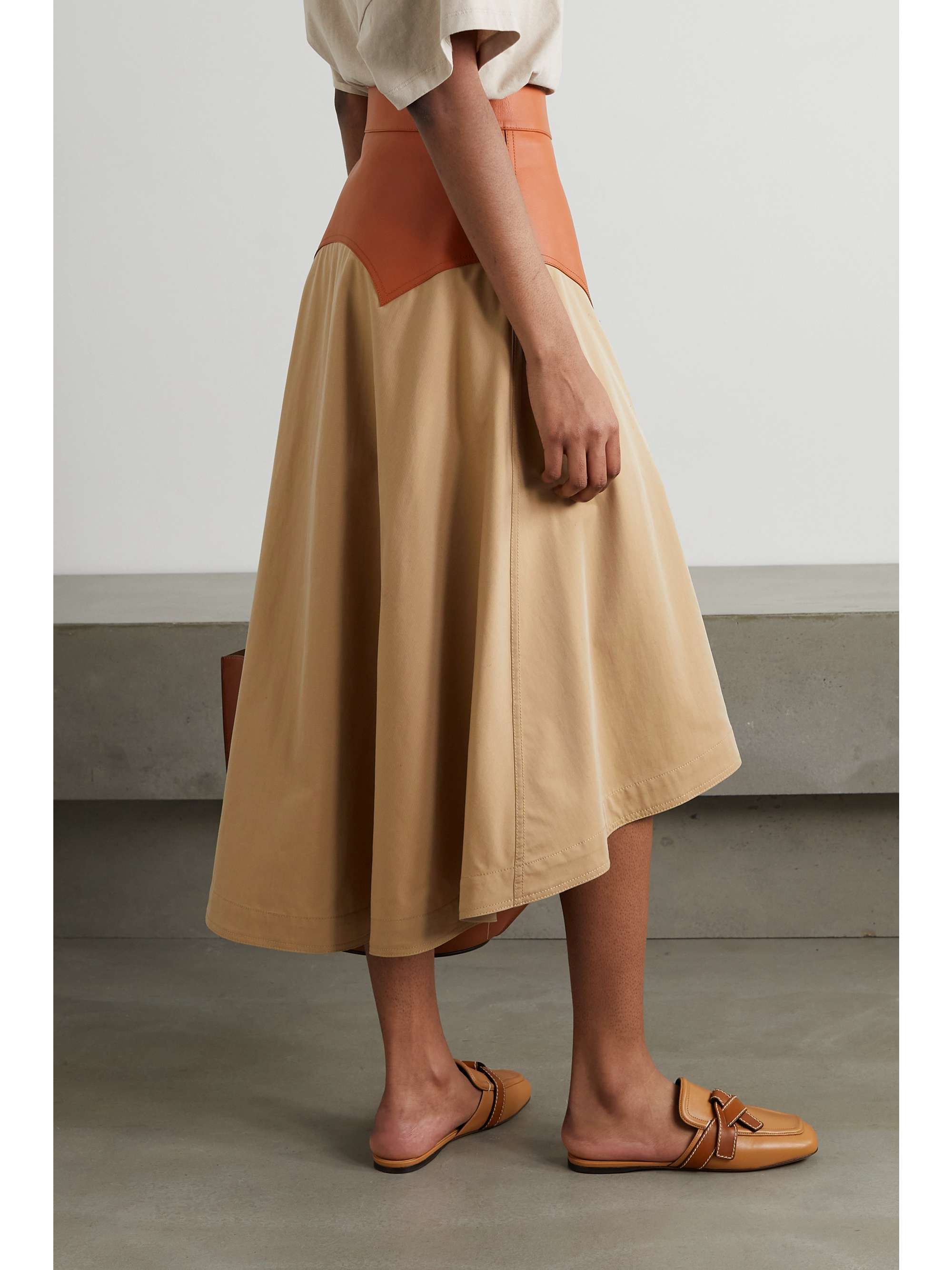 LOEWE Obi asymmetric leather and cotton-twill midi skirt