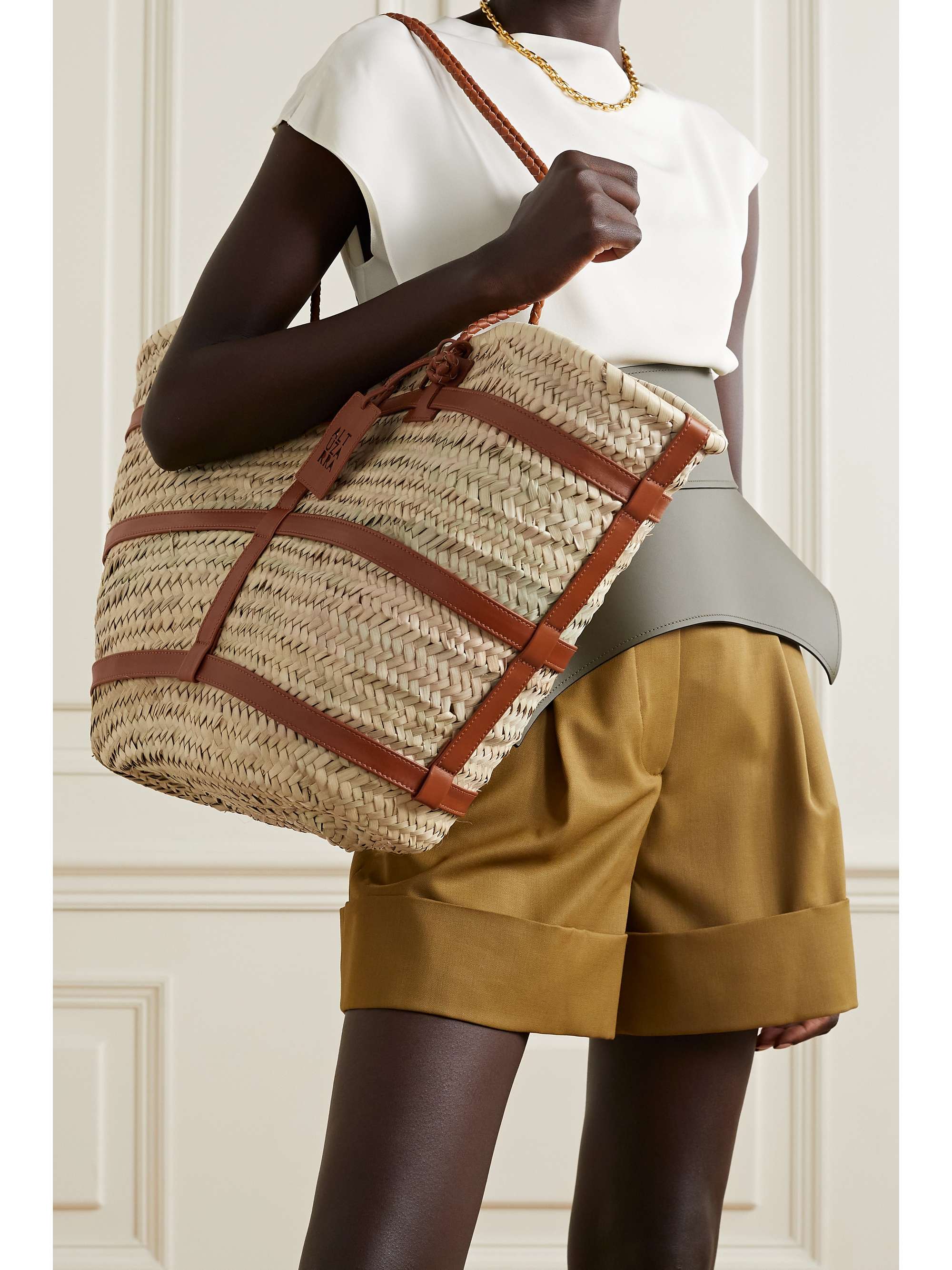 ALTUZARRA Watermill large leather-trimmed raffia tote