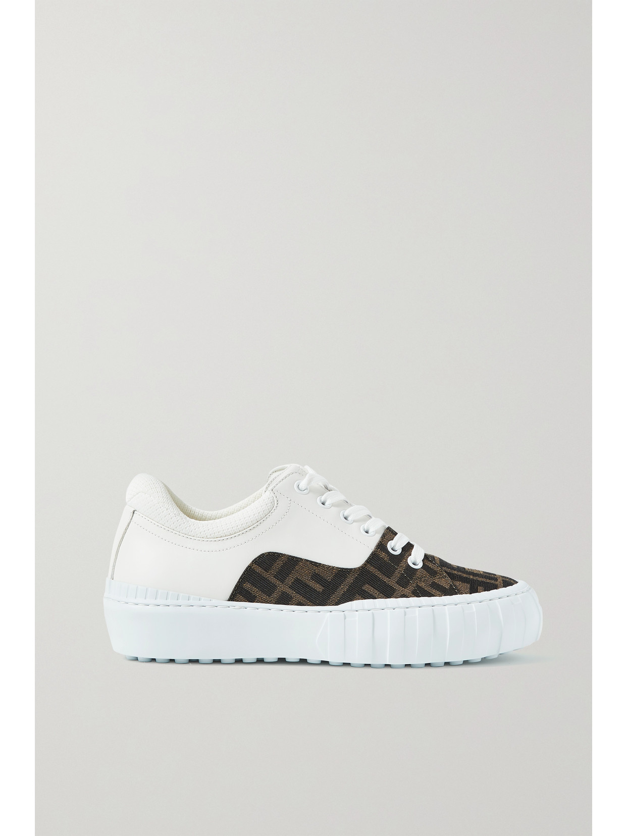 FENDI MESH-TRIMMED LOGO-JACQUARD CANVAS AND LEATHER SNEAKERS