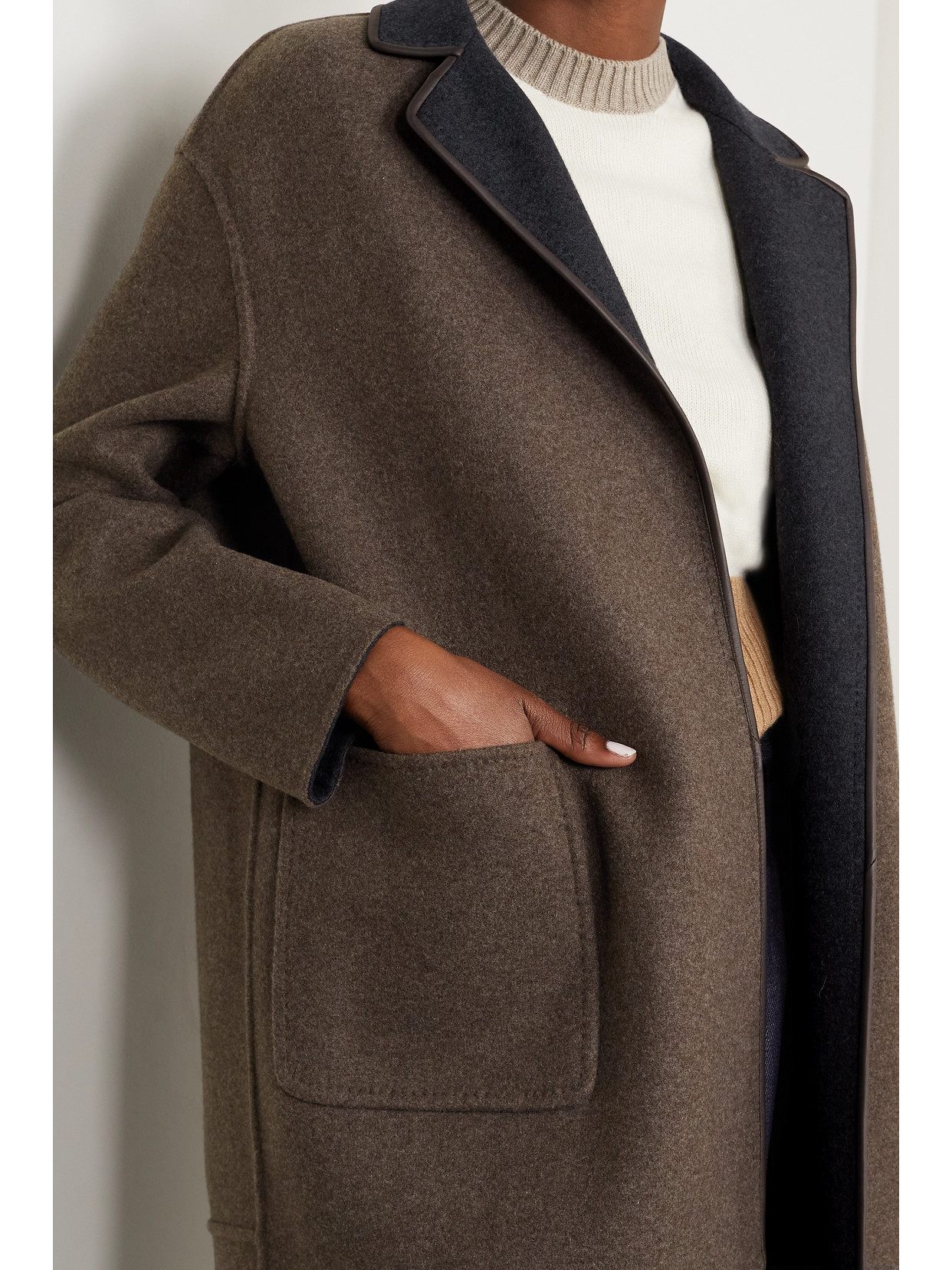Loro Piana Jimi Reversible Belted Leather-trimmed Cashmere-blend Jacket In Charcoal