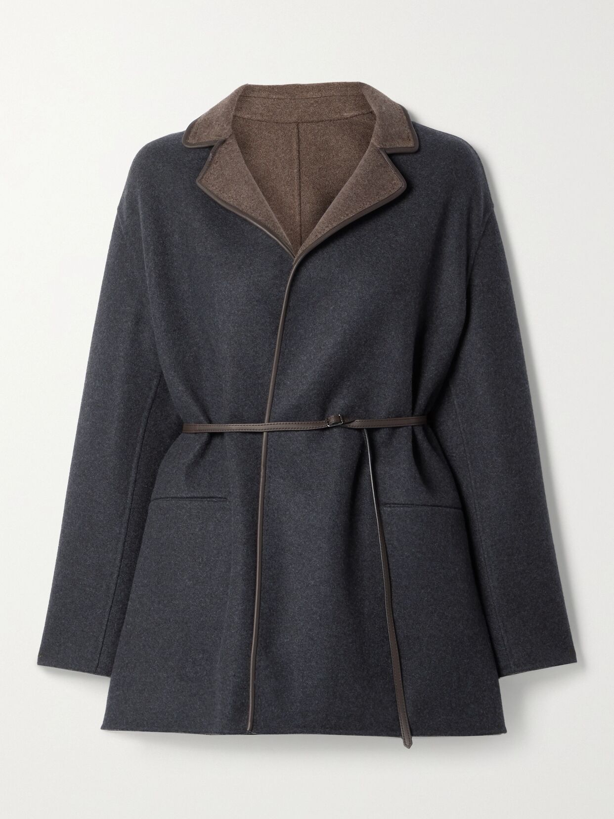 Jimi reversible belted leather-trimmed cashmere-blend jacket
