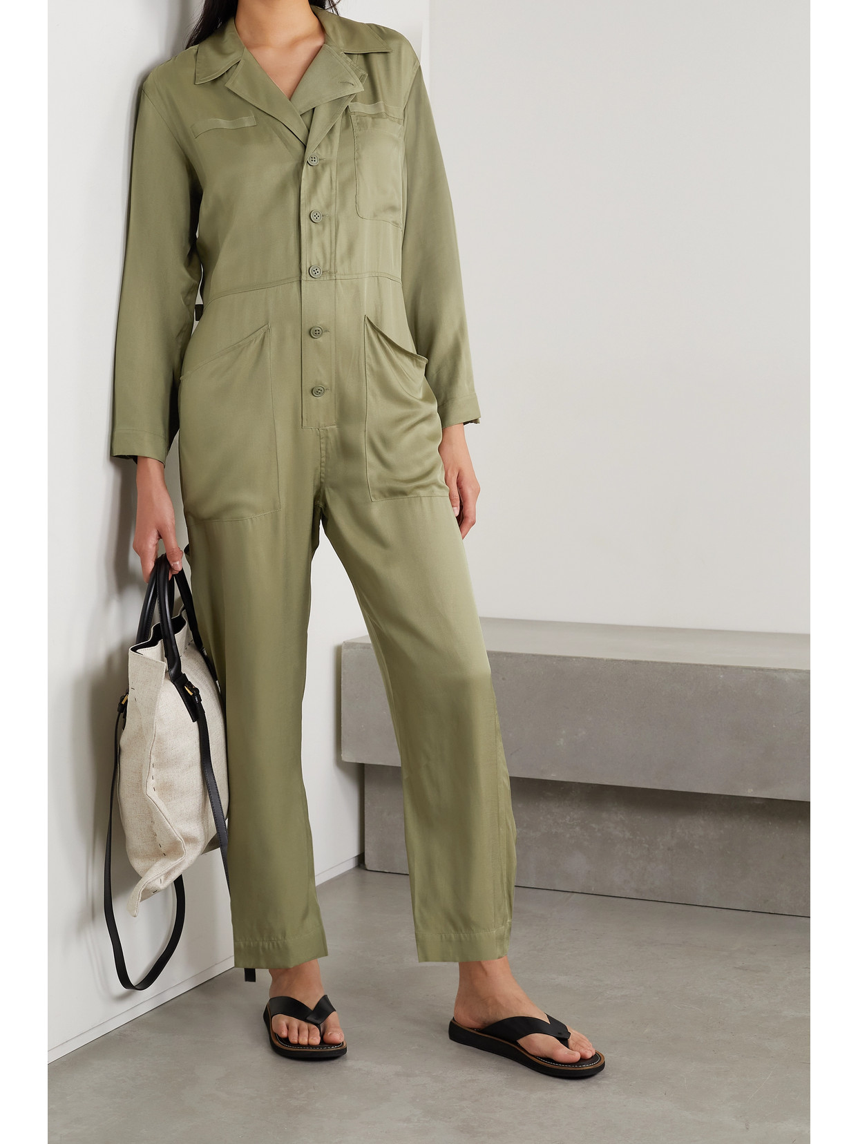 Equipment Almira Pleated Satin-twill Jumpsuit In Green