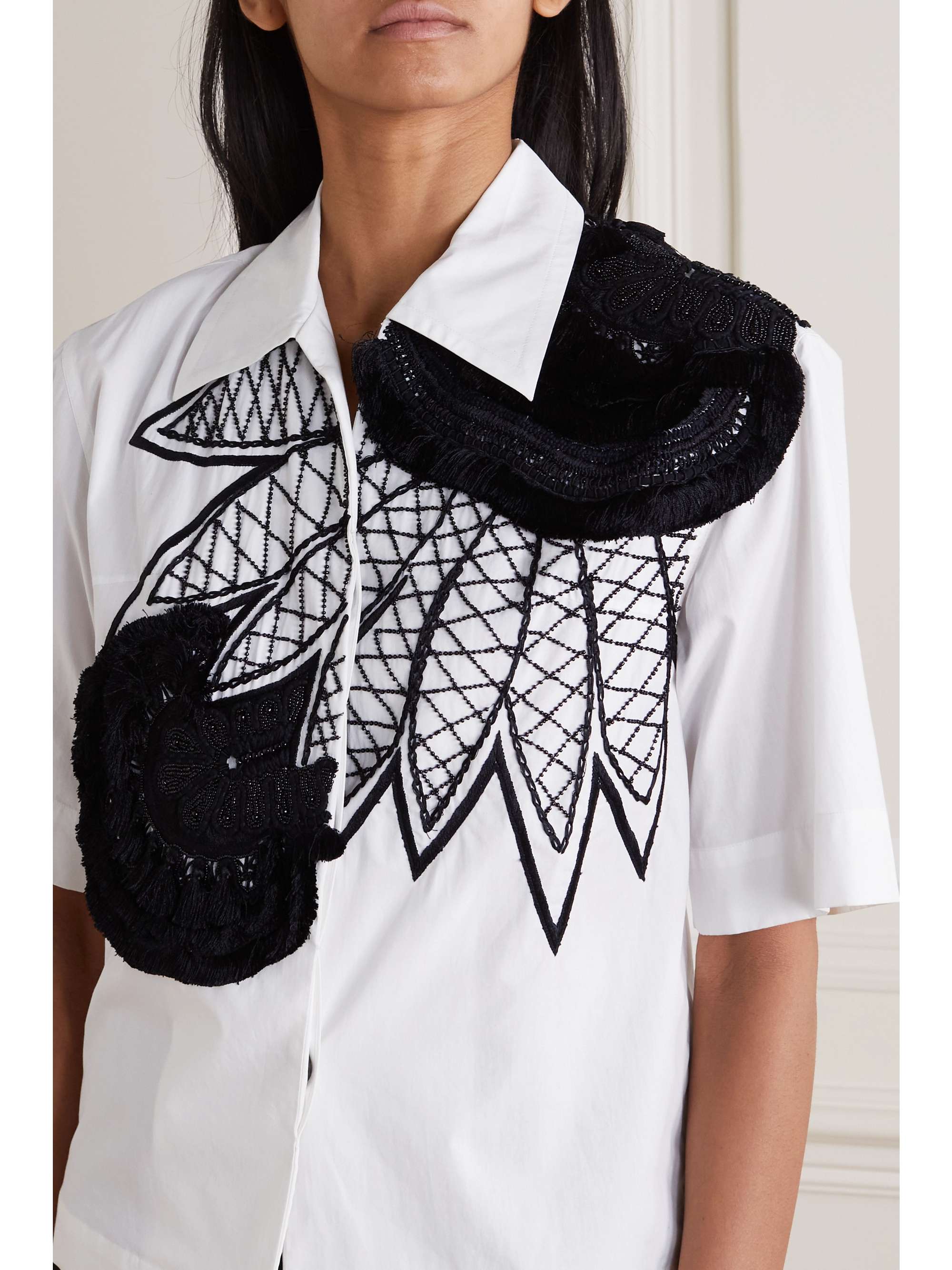 DRIES VAN NOTEN Tasseled beaded embroidered cotton-poplin shirt