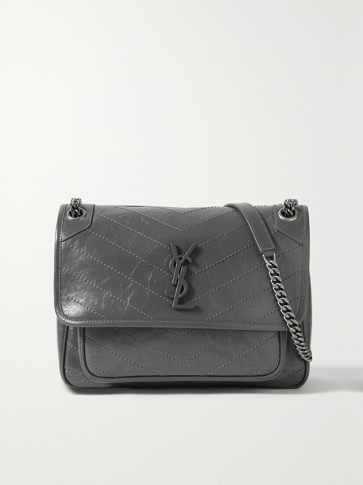 Saint Laurent Niki Medium Crinkled Glossed-leather Shoulder Bag In Dark Gray