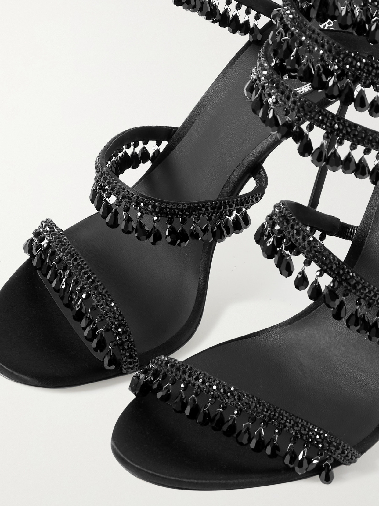 Shop René Caovilla Cleo Embellished Satin And Leather Sandals In Black