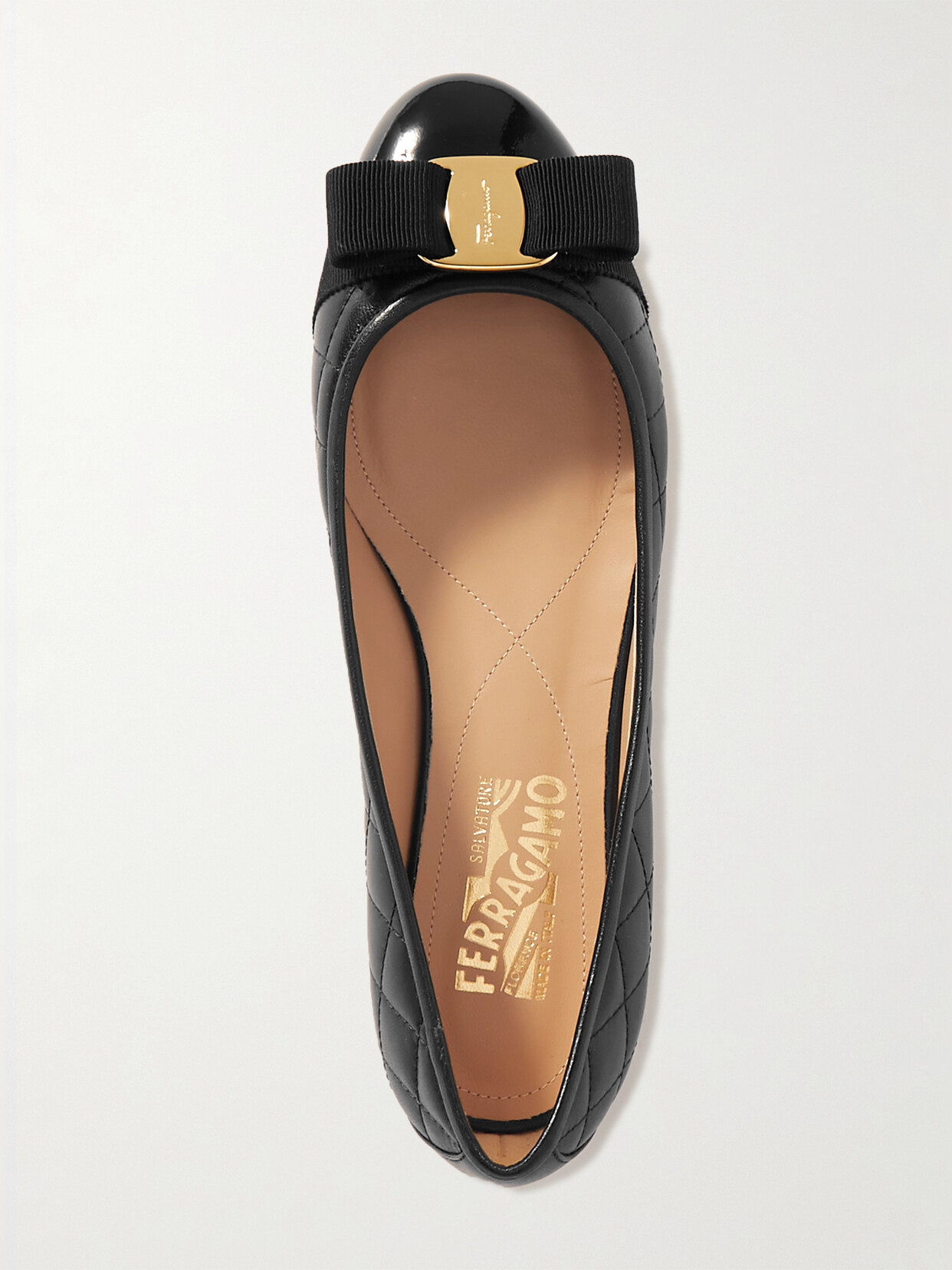 Ferragamo Varina Bow-embellished Quilted Smooth And Patent-leather Ballet Flats In Black