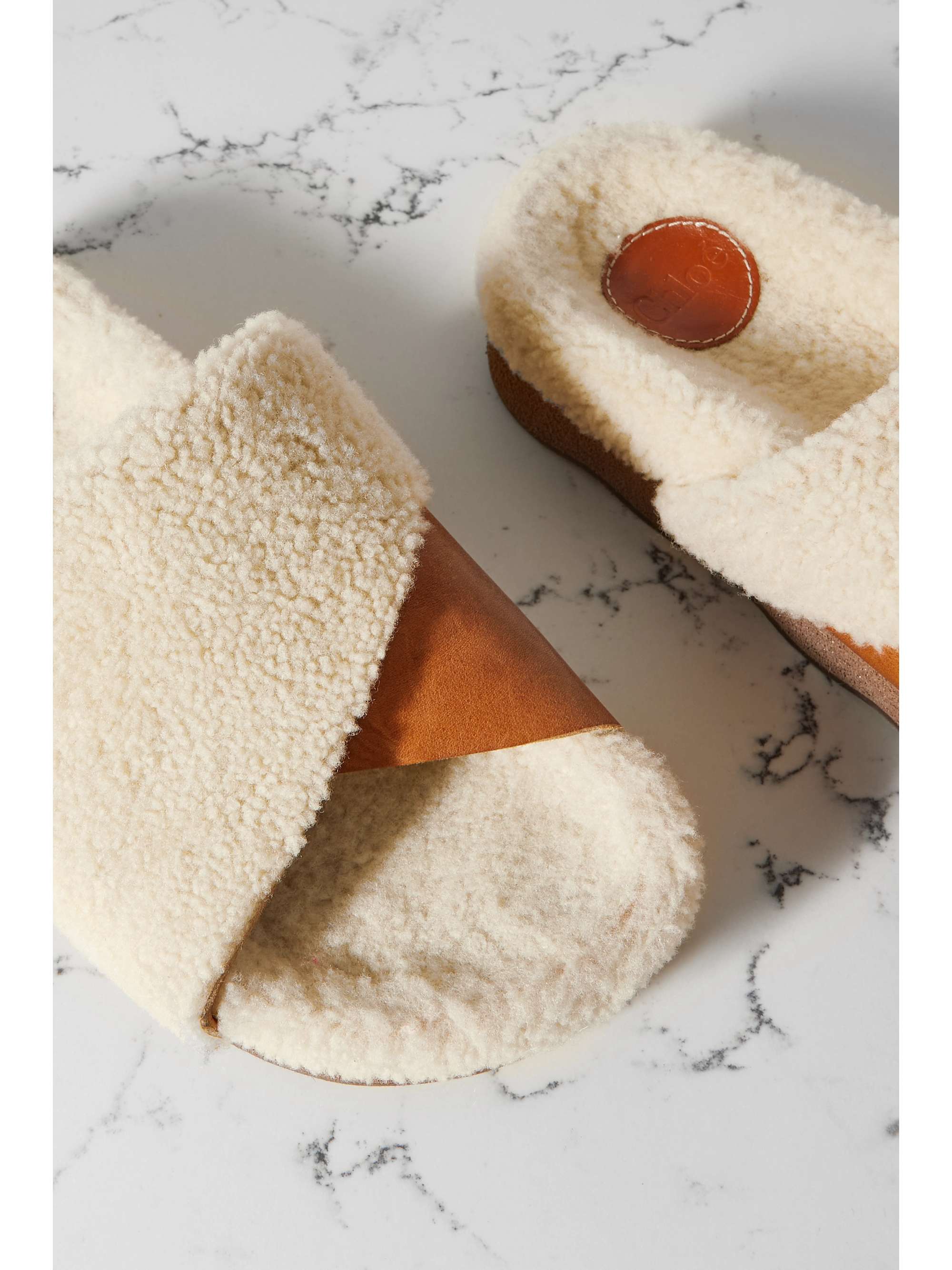 Cream Wavy shearing and leather slides | CHLOÃ | NET-A-PORTER