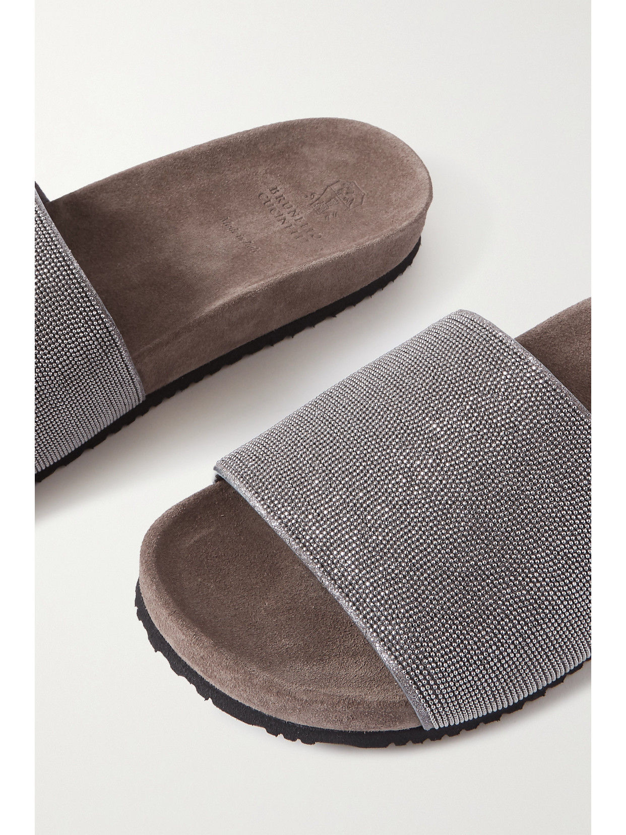 Shop Brunello Cucinelli Bead-embellished Suede Slides In Gray