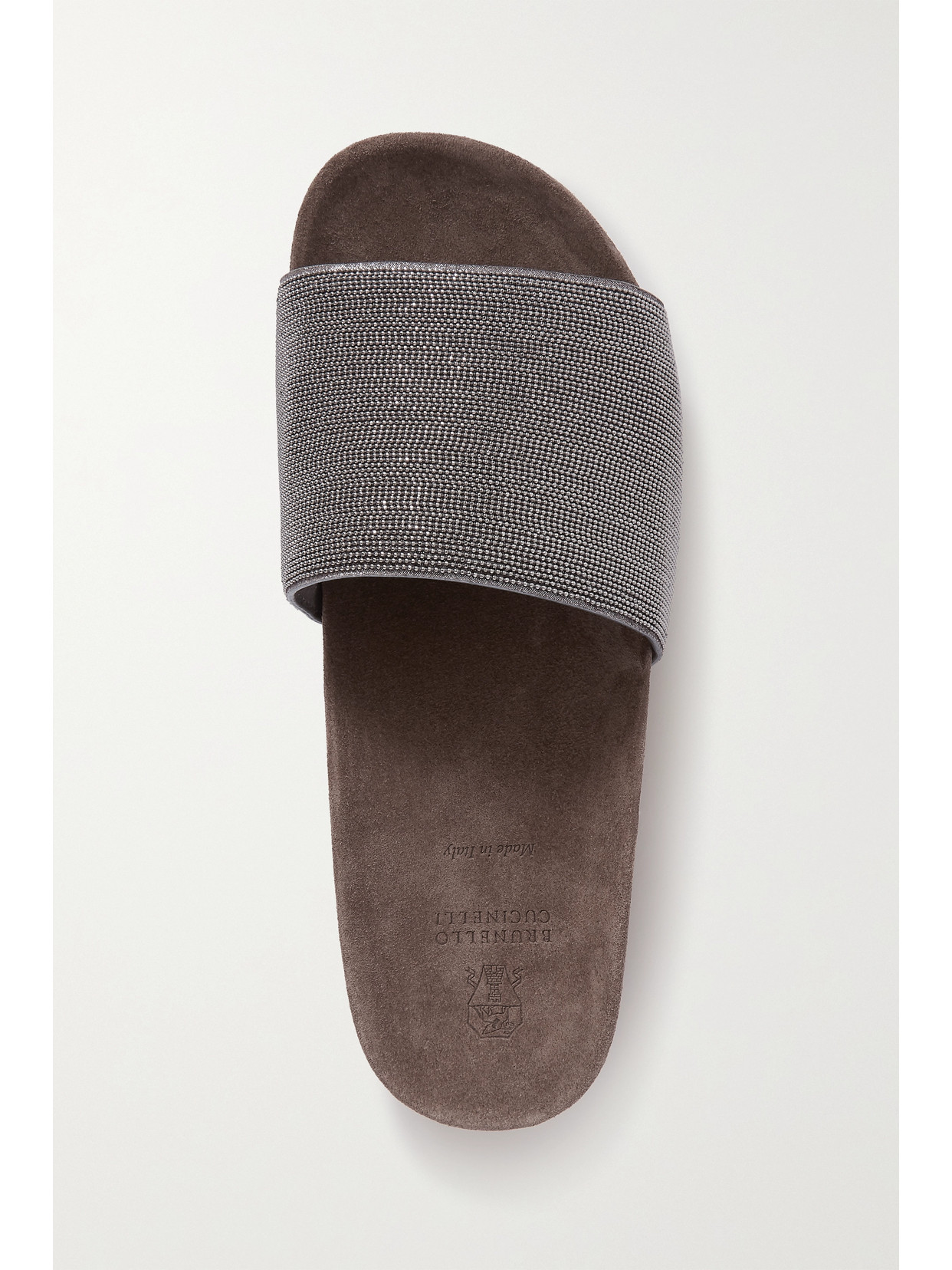 Brunello Cucinelli Bead-embellished Suede Slides In Gray