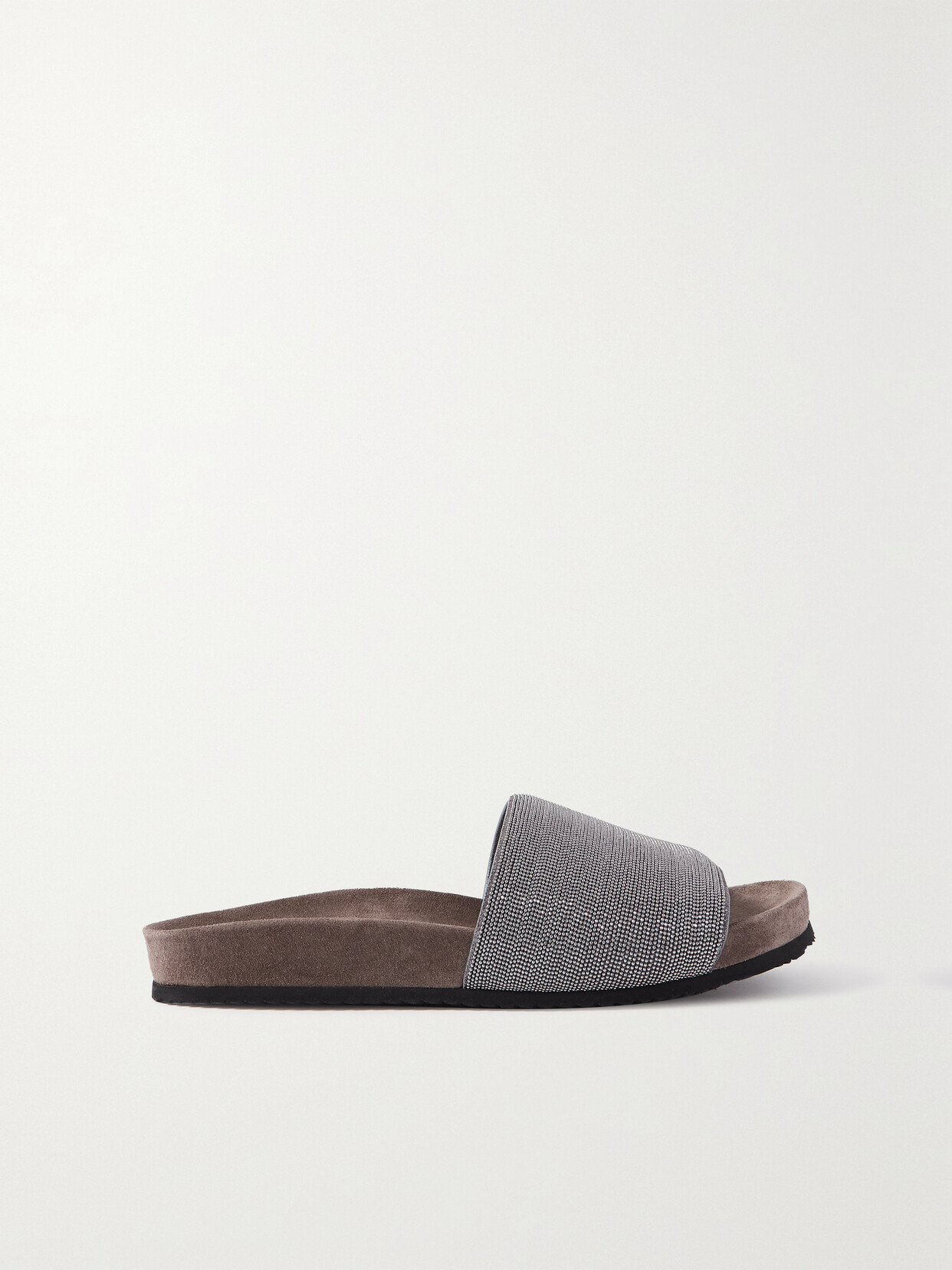 Shop Brunello Cucinelli Bead-embellished Suede Slides In Gray