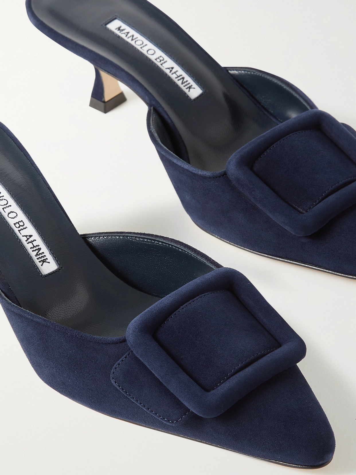 Shop Manolo Blahnik Maysale 50 Buckled Suede Mules In Navy