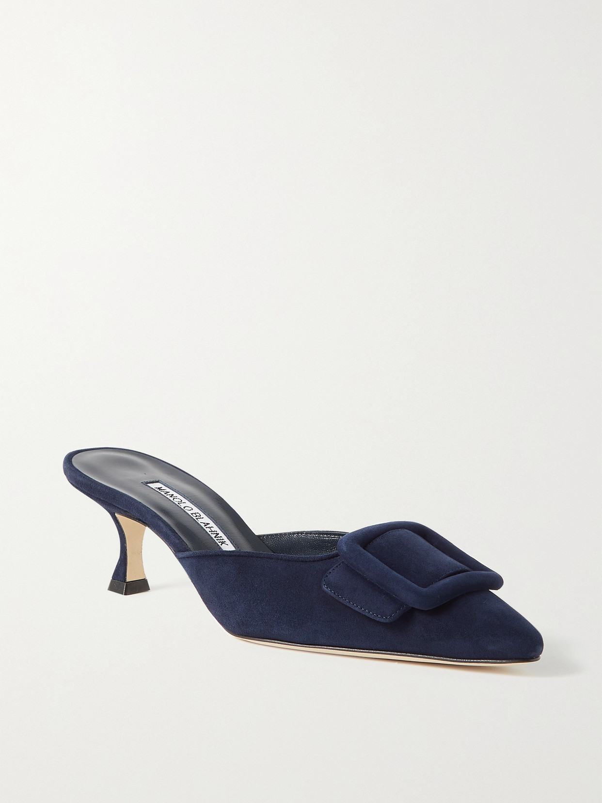 Shop Manolo Blahnik Maysale 50 Buckled Suede Mules In Navy