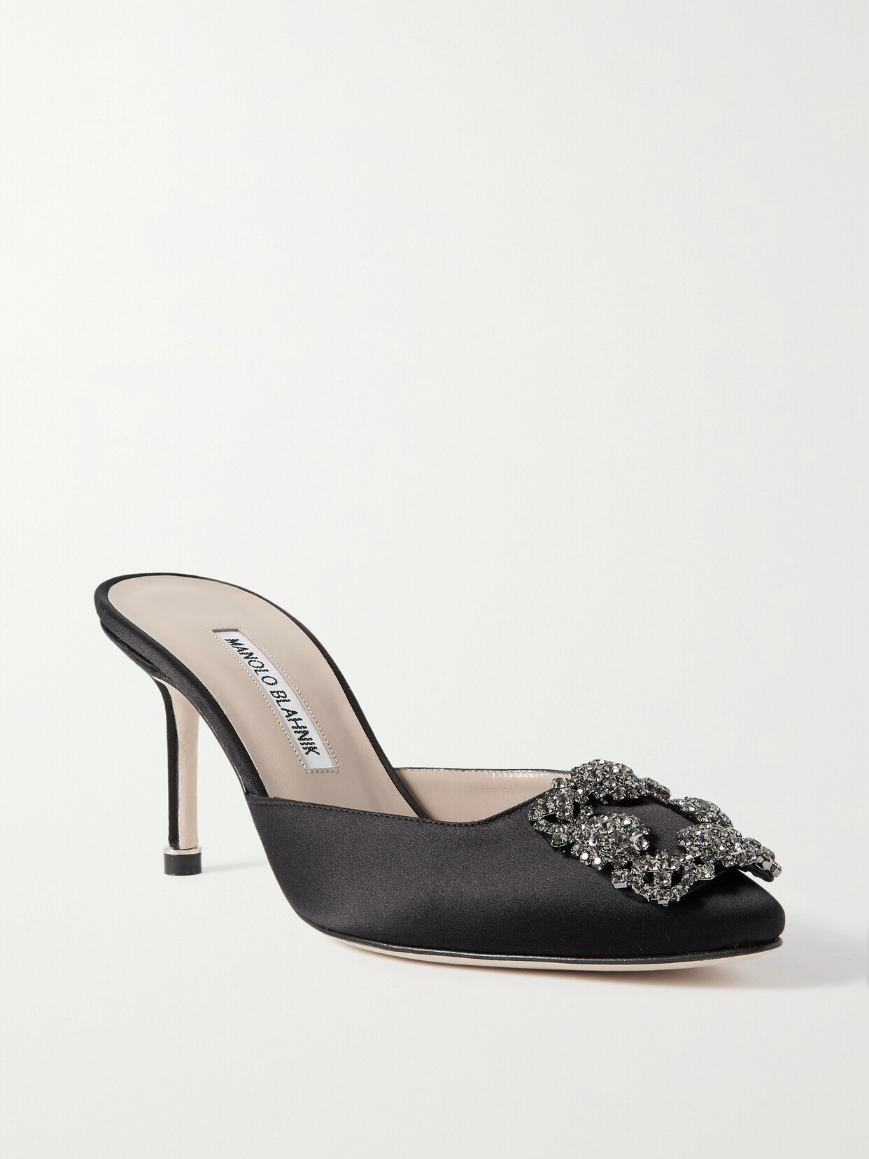 Shop Manolo Blahnik Hangisimu 70 Embellished Satin Mules In Black