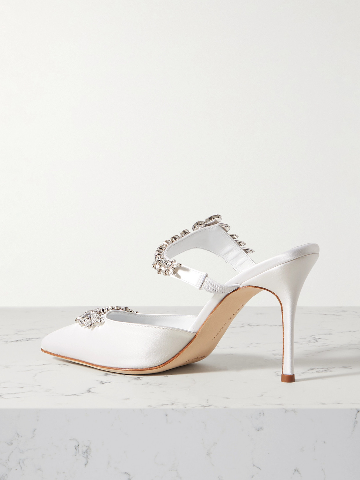 Shop Manolo Blahnik Lurum 90 Crystal-embellished Satin Mules In White