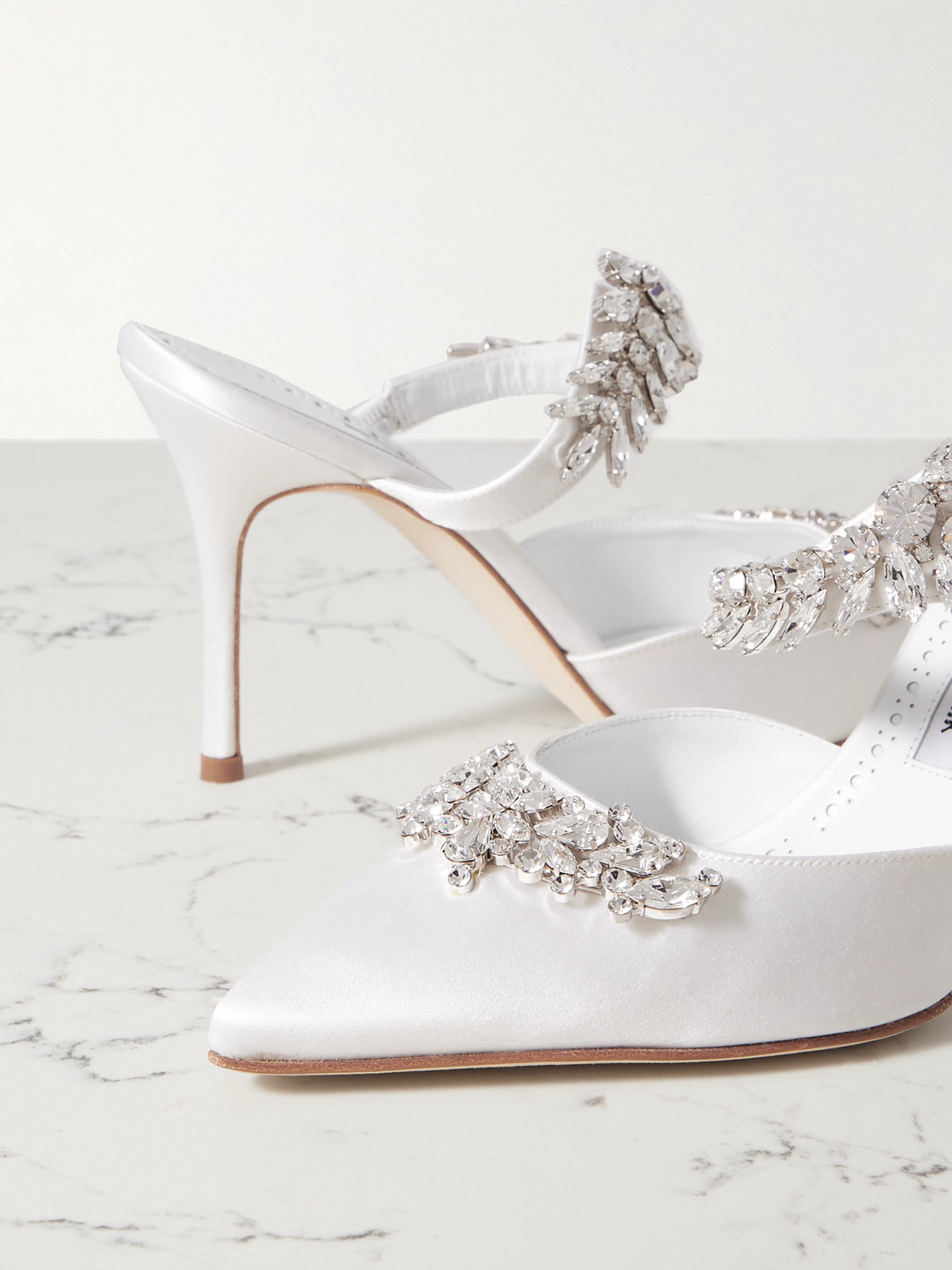 Manolo Blahnik Lurum 90 Crystal-embellished Silk Satin Mules In White