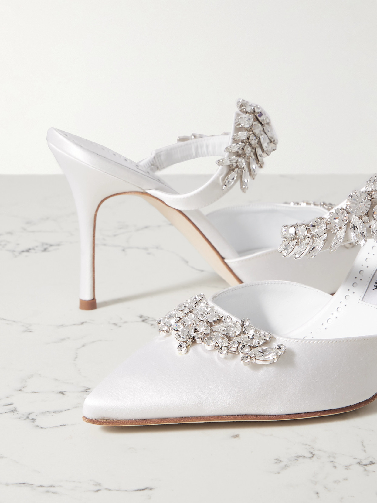 Shop Manolo Blahnik Lurum 90 Crystal-embellished Satin Mules In White