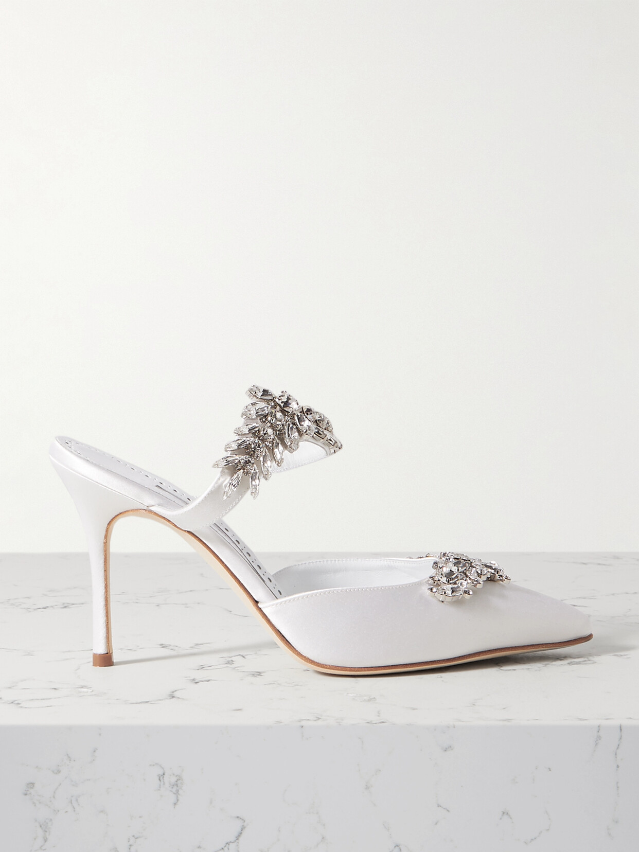 Shop Manolo Blahnik Lurum 90 Crystal-embellished Satin Mules In White