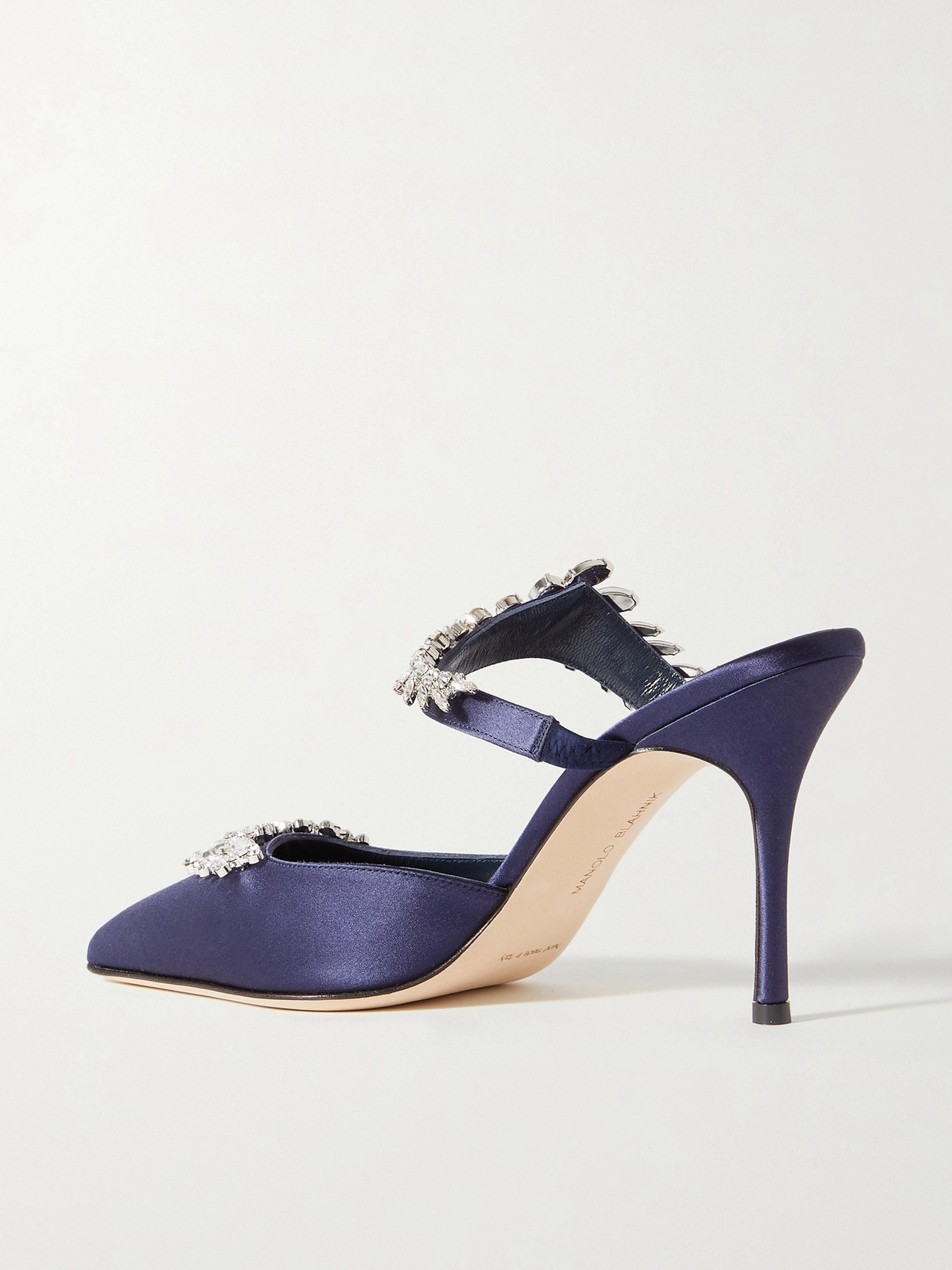 Shop Manolo Blahnik Lurum 90 Crystal-embellished Satin Mules In Blue