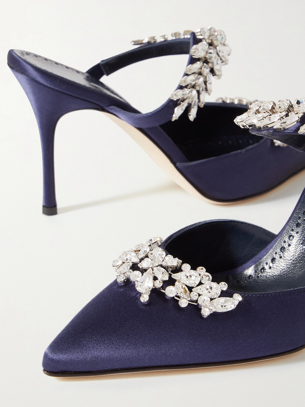 Shop Manolo Blahnik Lurum 90 Crystal-embellished Satin Mules In Blue