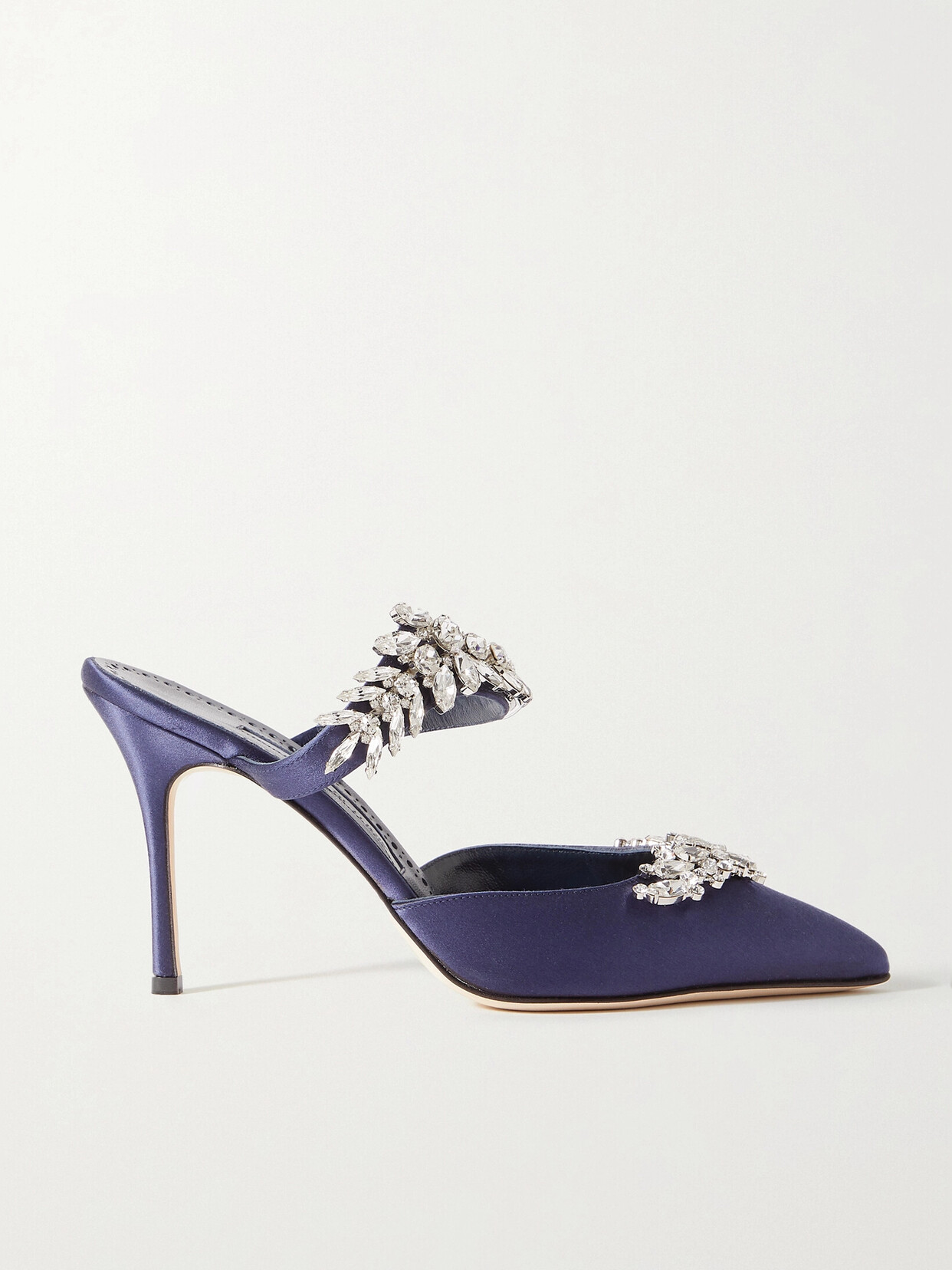 Shop Manolo Blahnik Lurum 90 Crystal-embellished Satin Mules In Blue