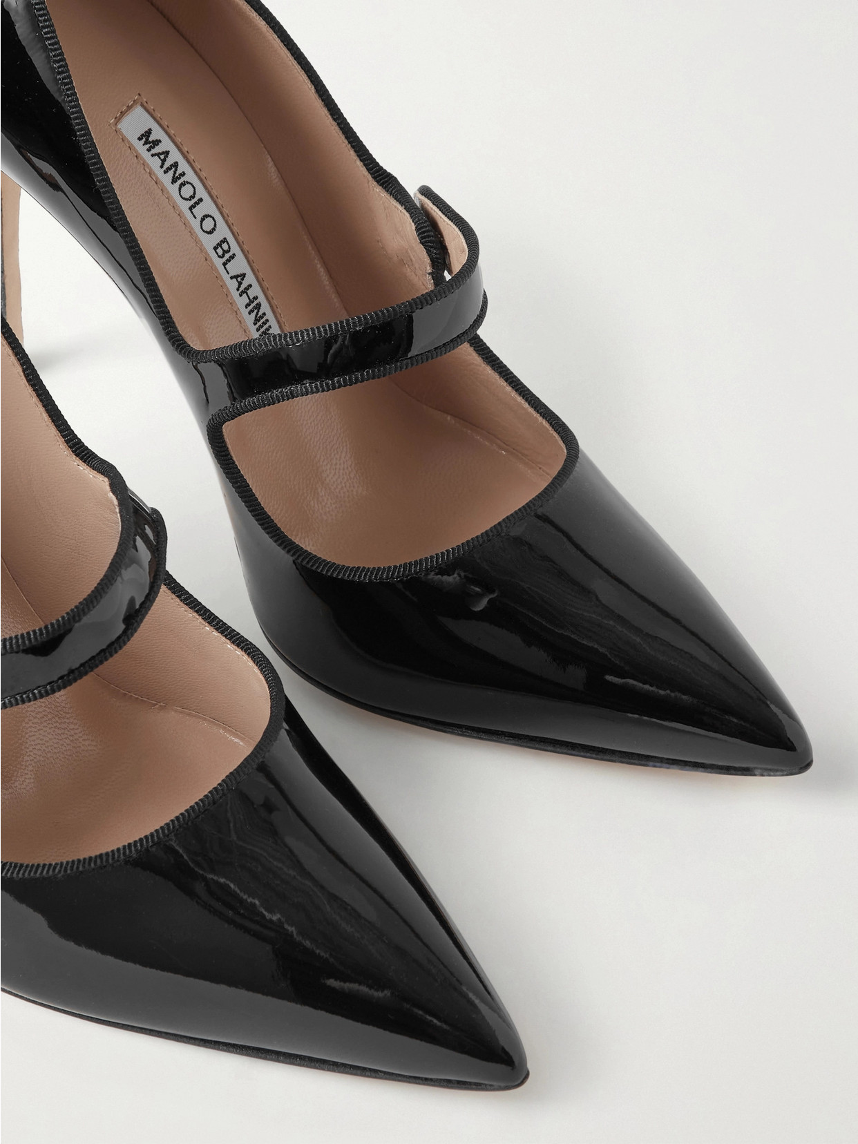 MANOLO BLAHNIK CAMPARI 105 GROSGRAIN-TRIMMED PATENT-LEATHER PUMPS